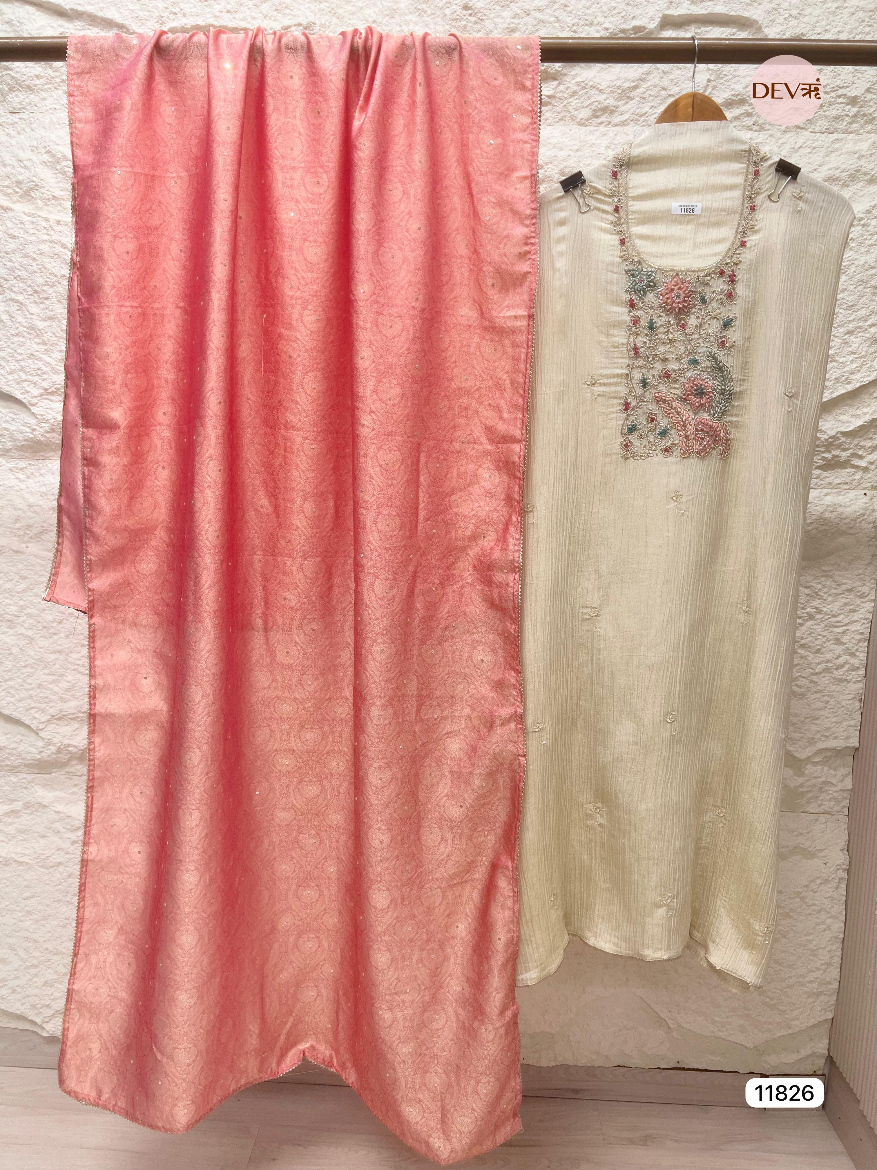 Off White Pure Tissue Crush Silk Unstitched Hand Embroidered -Set Of 3- {11826}