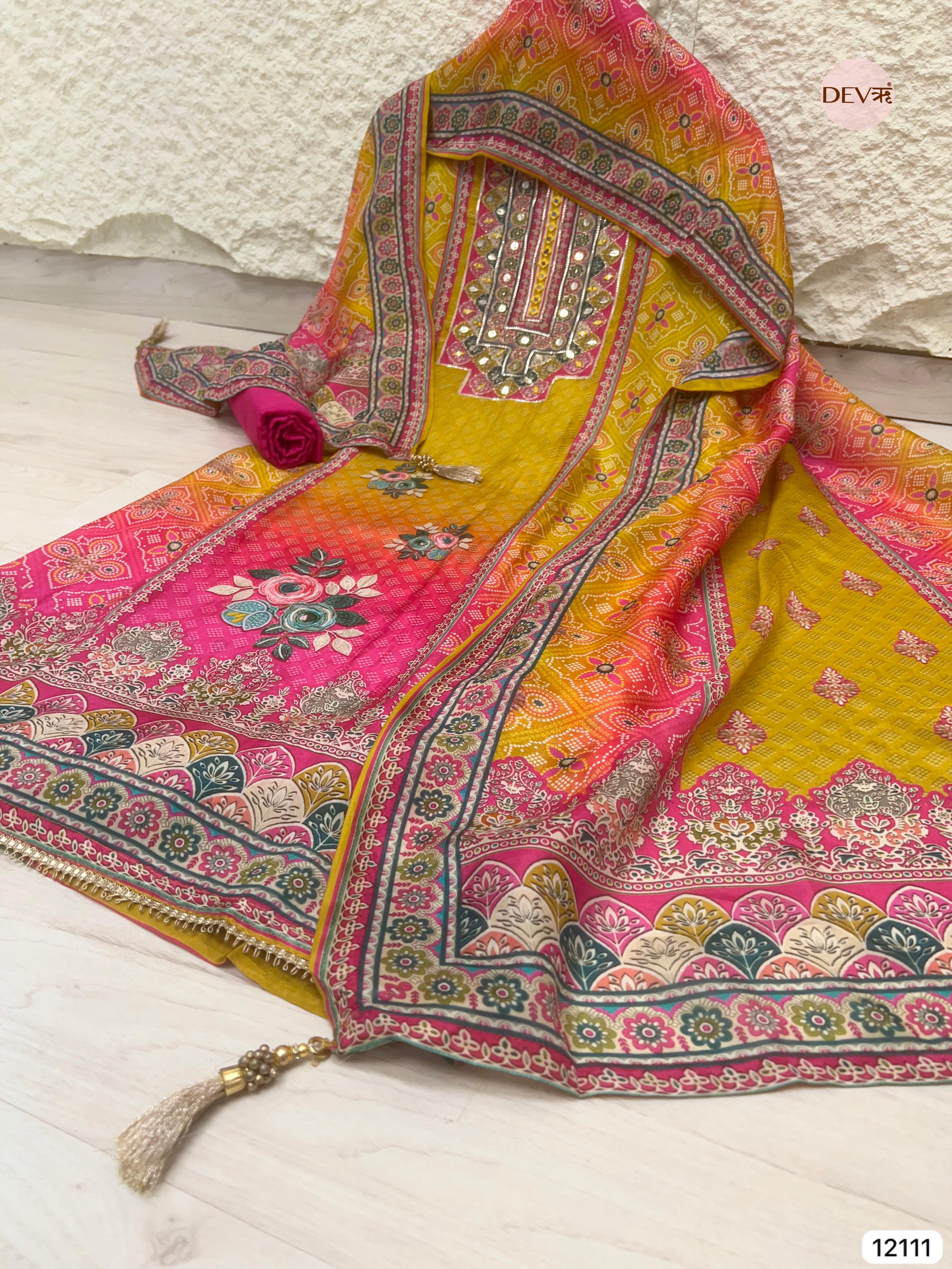 Yellow Pure Organza Silk Unstitched Printed -Set Of 3 - {12111}