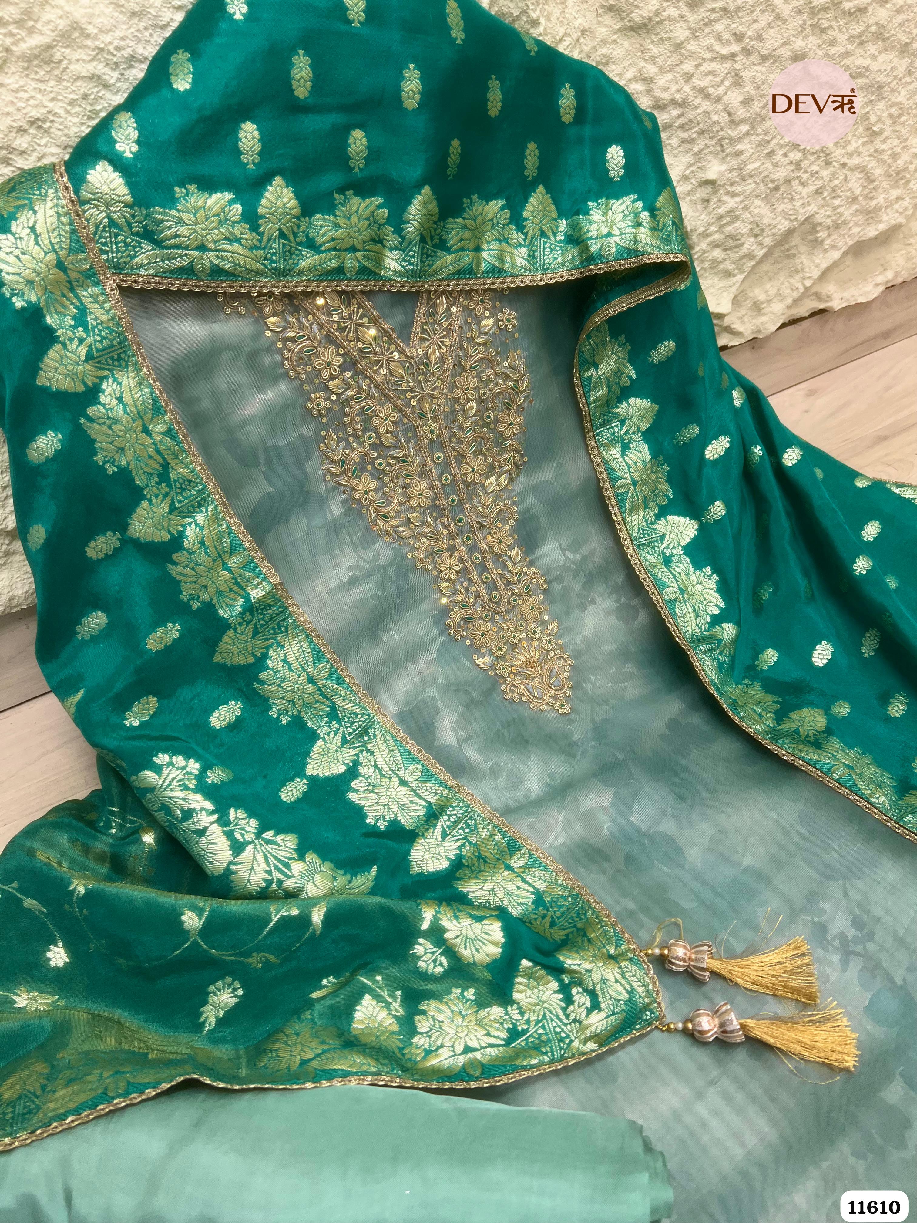 Green Silk Pure Tissue Organza Printed Unstitched Hand Embroidered -Set Of 3 {11610}