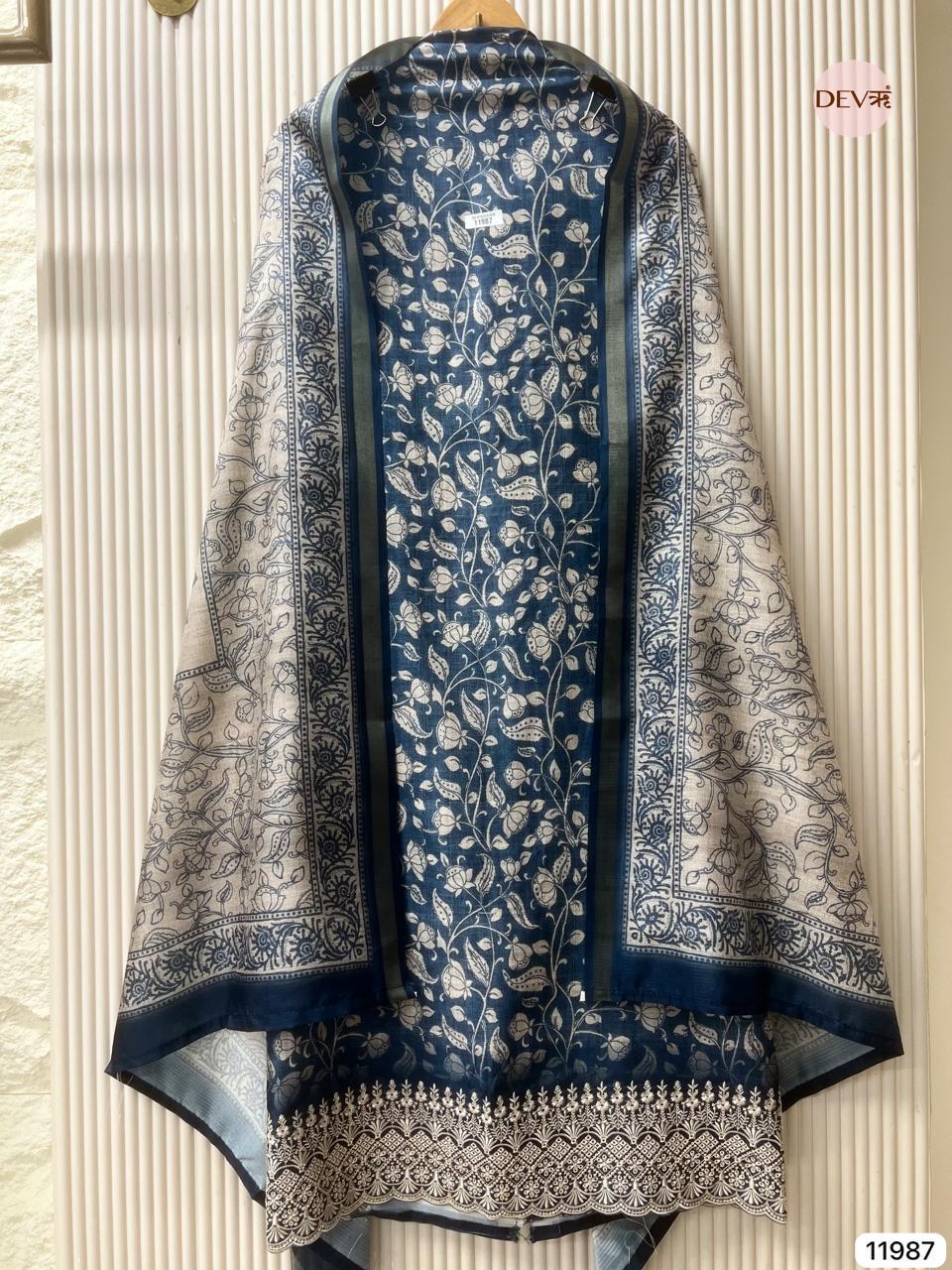Blue Pure Tusser Silk Printed Unstitched 3-Piece Suit (Devri – D.No 11987)
