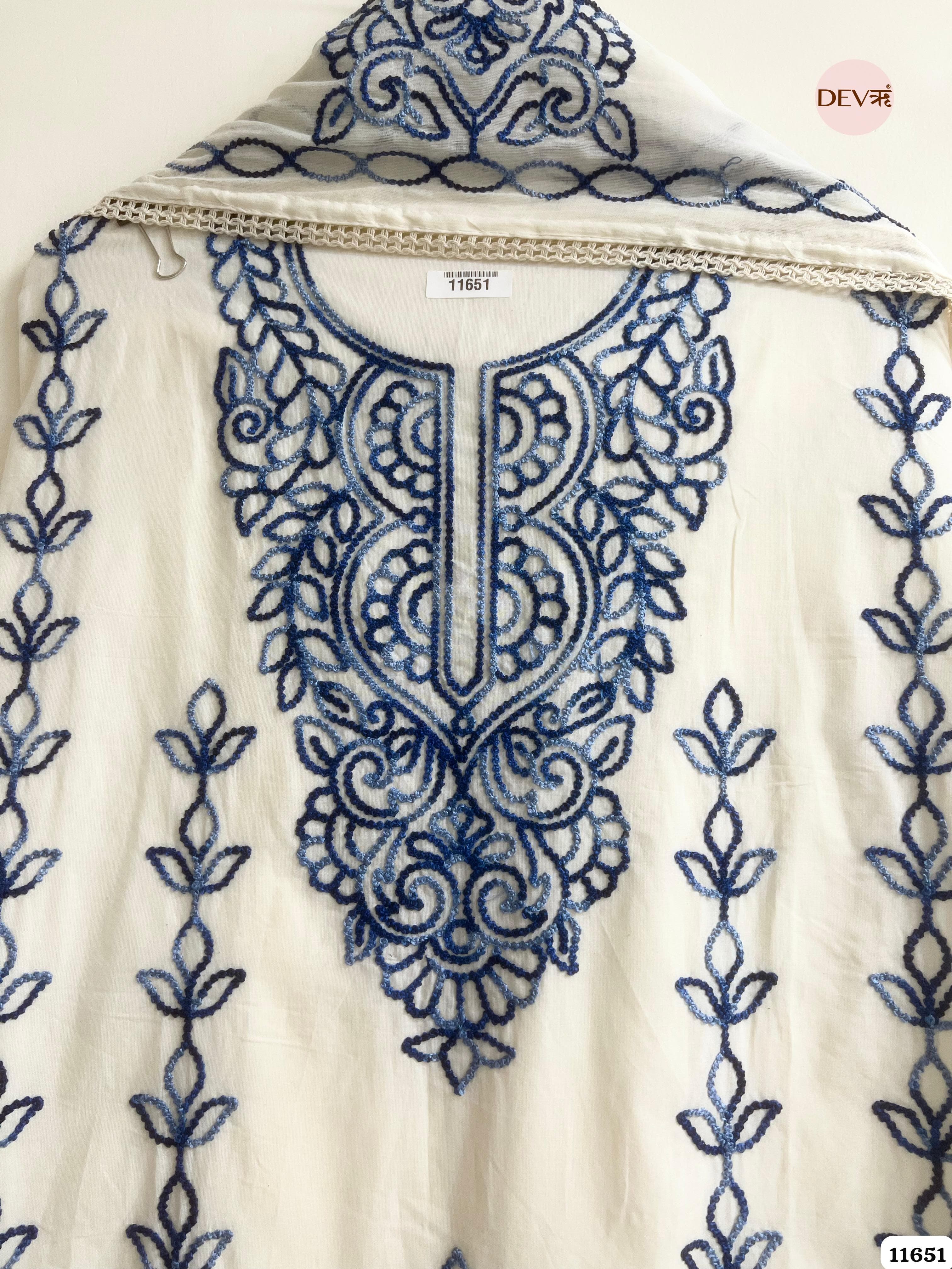 White Kota Cotton Unstitched Embroidered -Set Of 3 {11651}