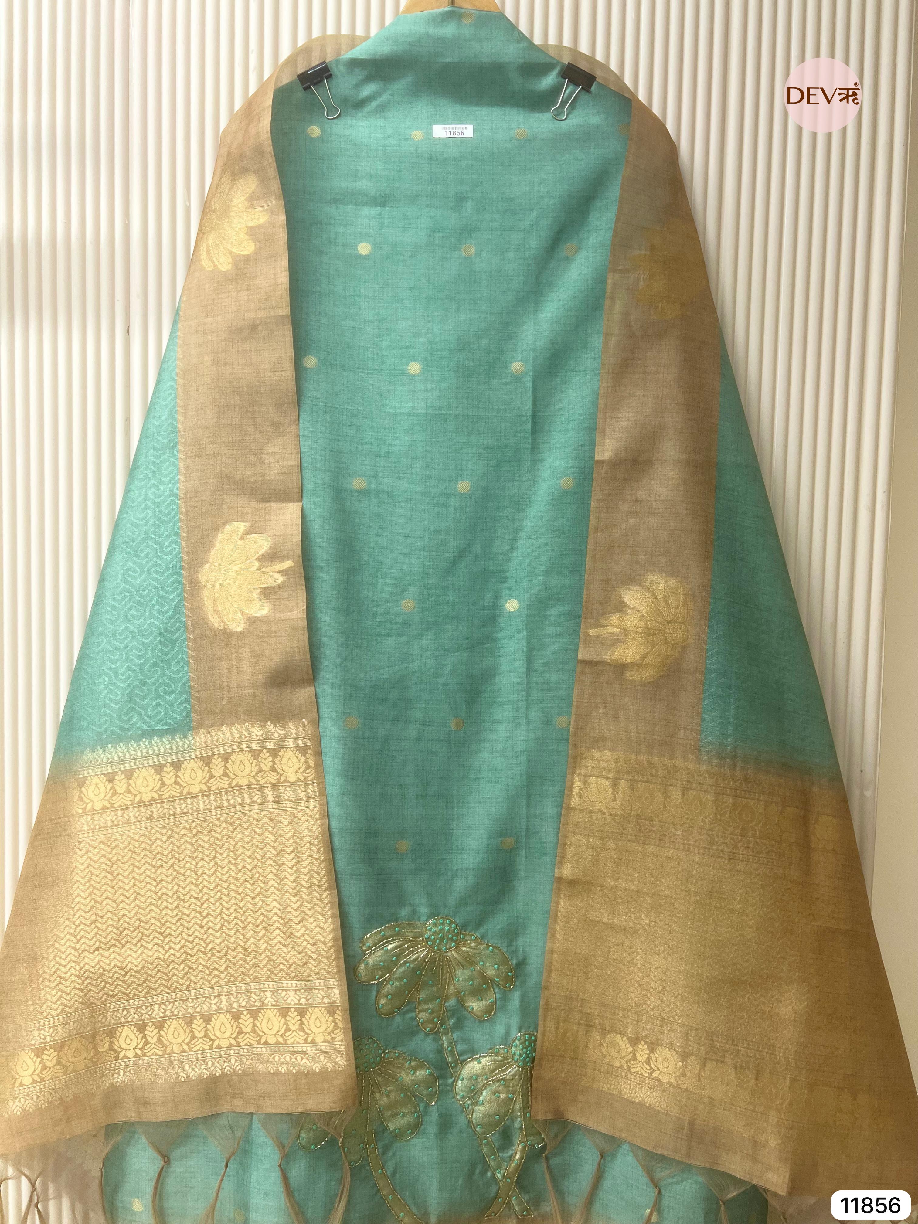 Pista Green Jamdani Silk Unstitched Printed Woven Hand Embroidered -Set Of 3- {11856}