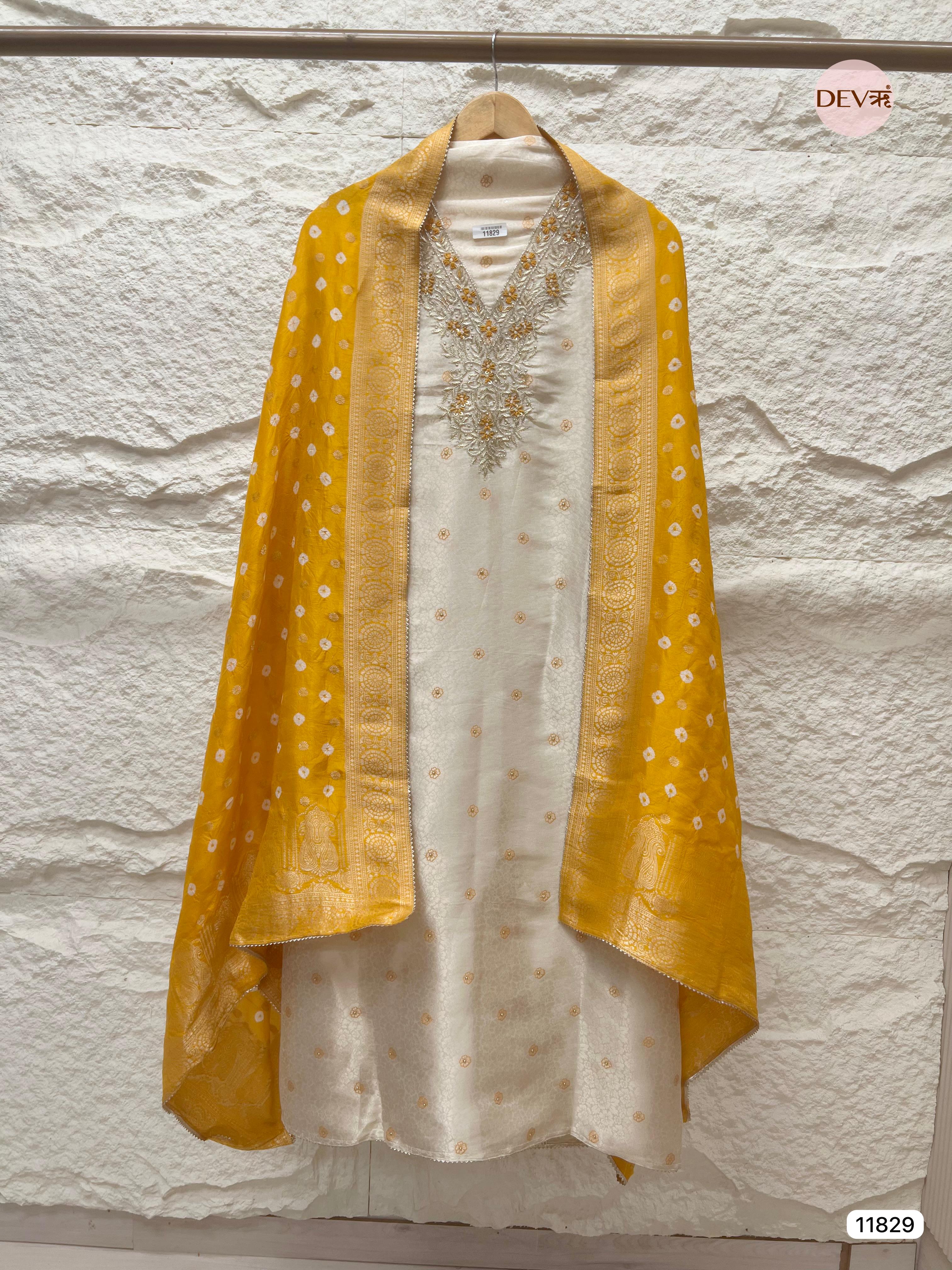 Cream Colour Pure Tissue Shimmer Silk Unstitched Hand Embroidered -Set Of 3- {11829}