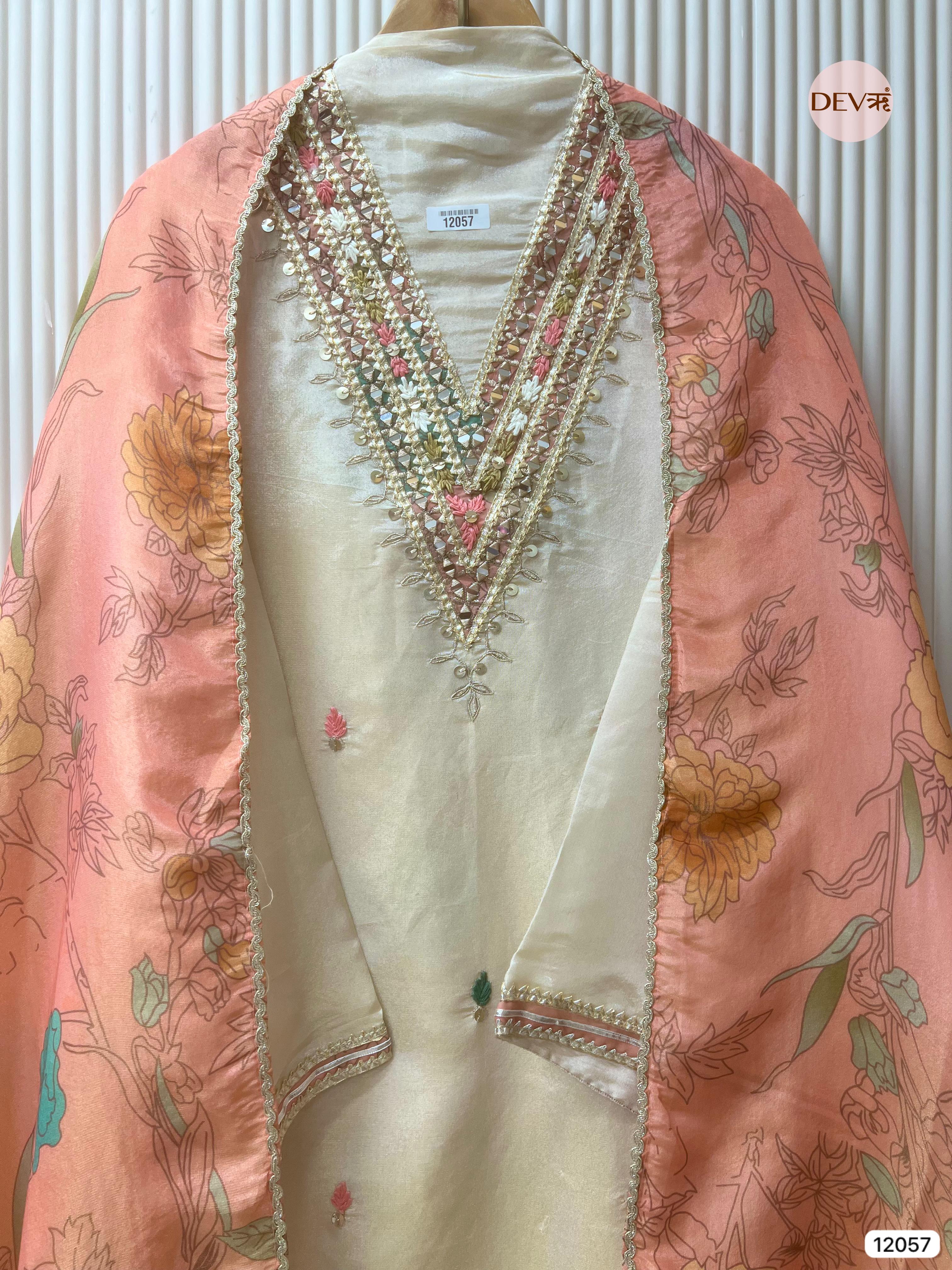Cream Colour Tissue Shimmer Silk Semi Stitched Hand Embroidered -Set Of 3 - {12057}