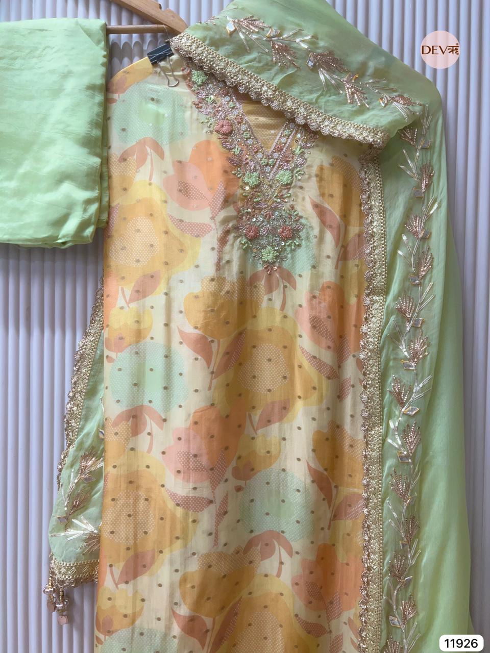 Light Green Glass Tissue Silk Unstitched Printed Hand Embroidered -Set Of 3 - {11926}