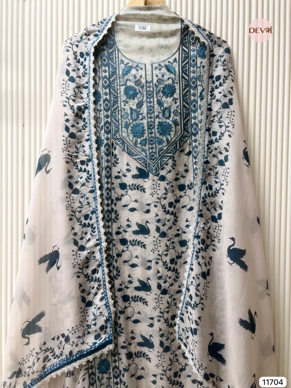 Beige Pure Organza Unstitched Embroidered -Set Of 3 - {11704}