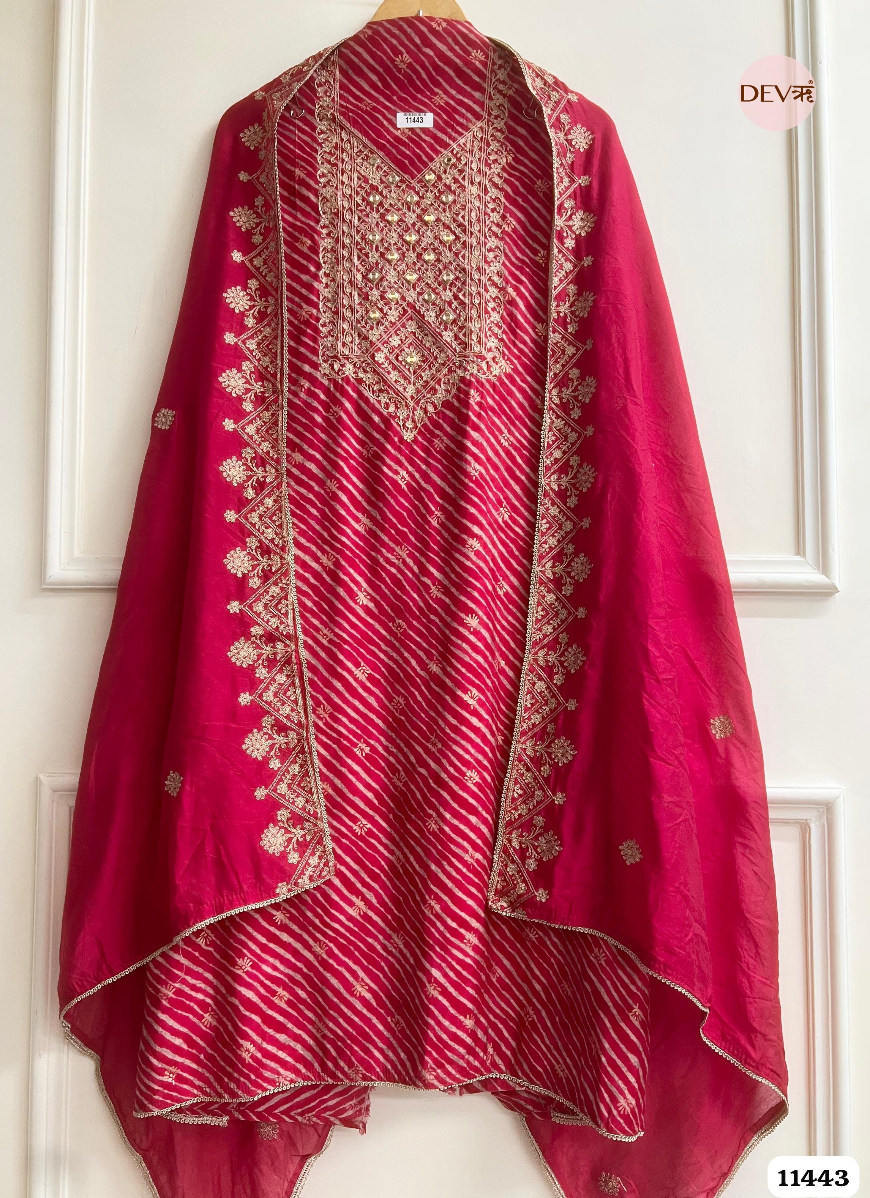 Rani Pink Modal Silk Unstitched Printed Embroidered -Set Of 3 {11443}