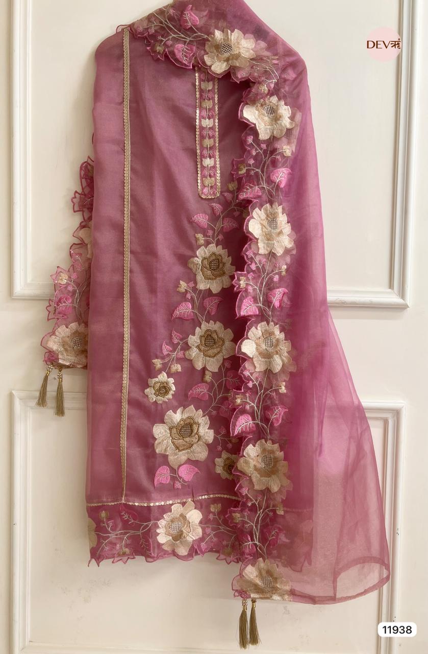 Pink Tissue Silk Unstitched Embroidered -Set Of 3 - {11938}