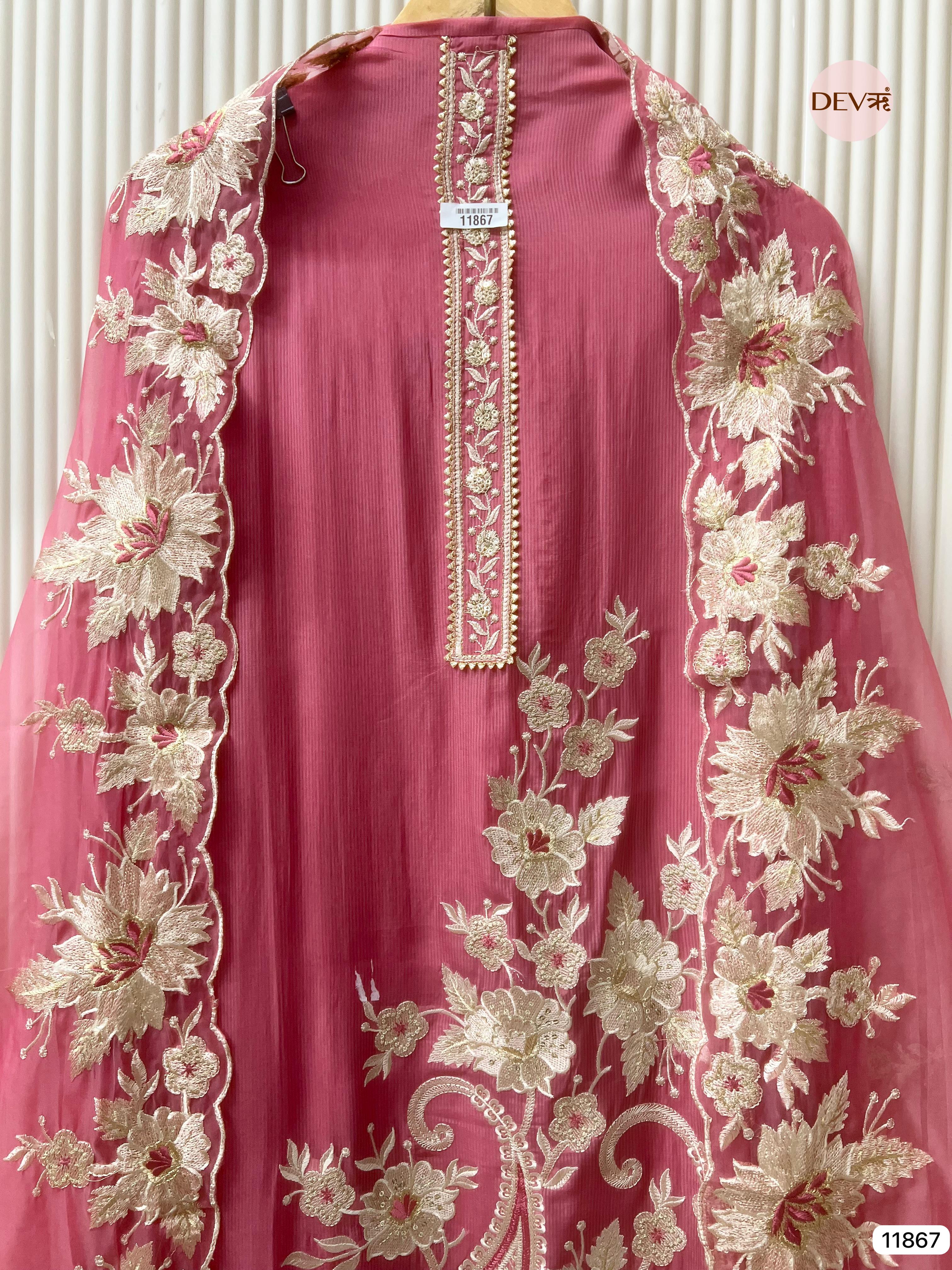 Pink Tissue Silk Unstitched Embroidered -Set Of 3- {11867}