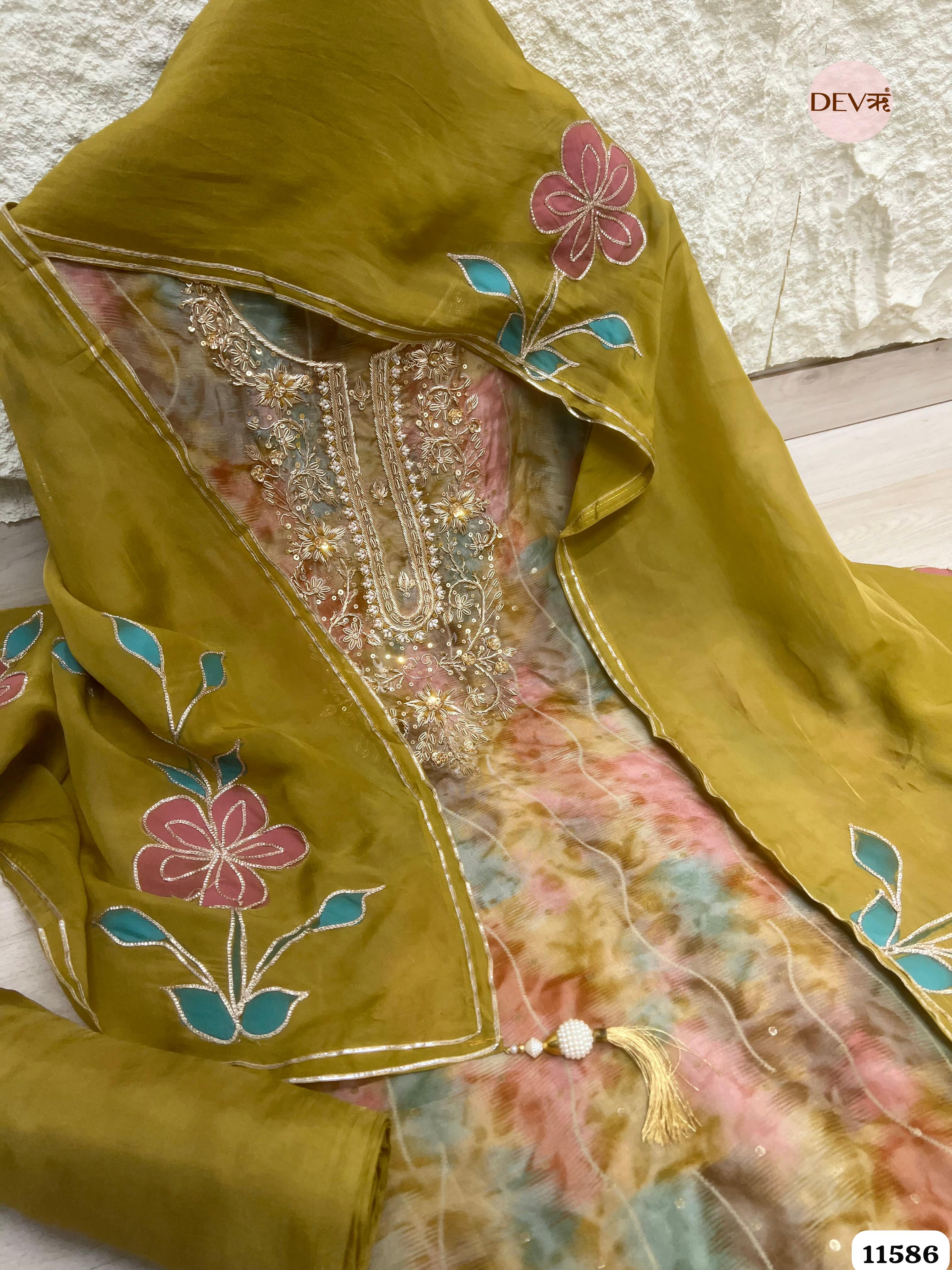 Olive Green Pure Organza Silk Printed Unstitched Hand Embroidered -Set Of 3 {11586}