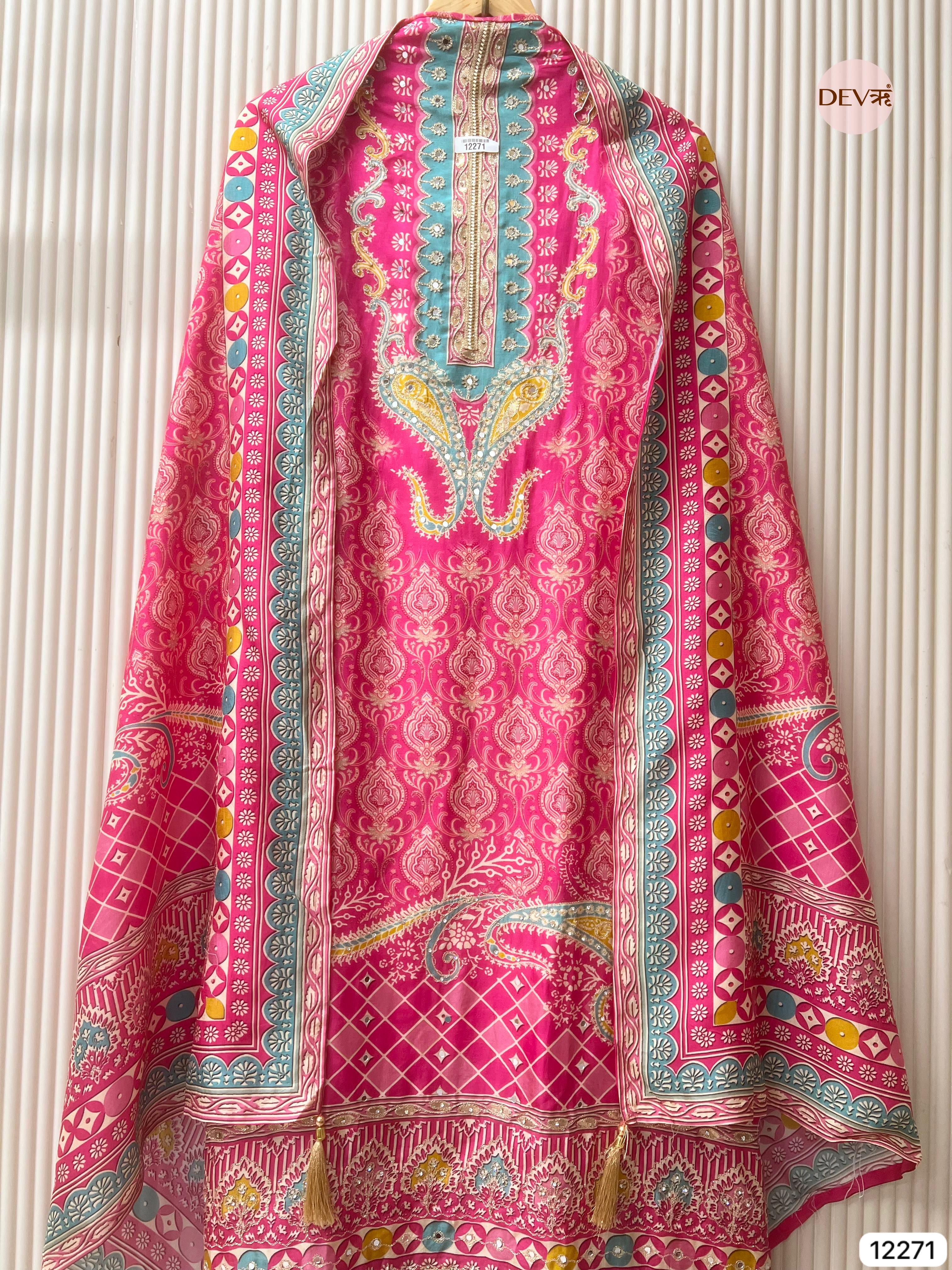 Rani Pink Russian Silk Printed Unstitched 3-Piece Suit (Devri – D.No 12271)