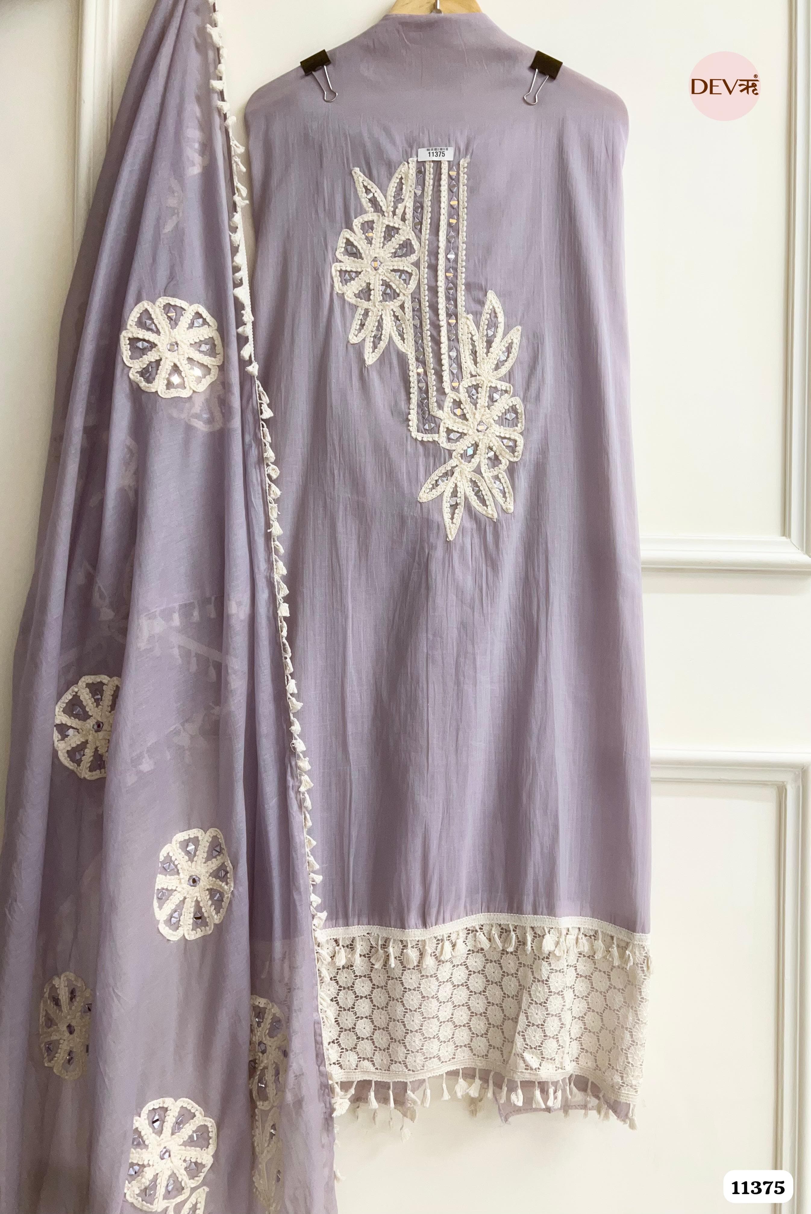 Lavender Mul Chanderi Unstitched Hand Embroidered -Set Of 3 {11375}