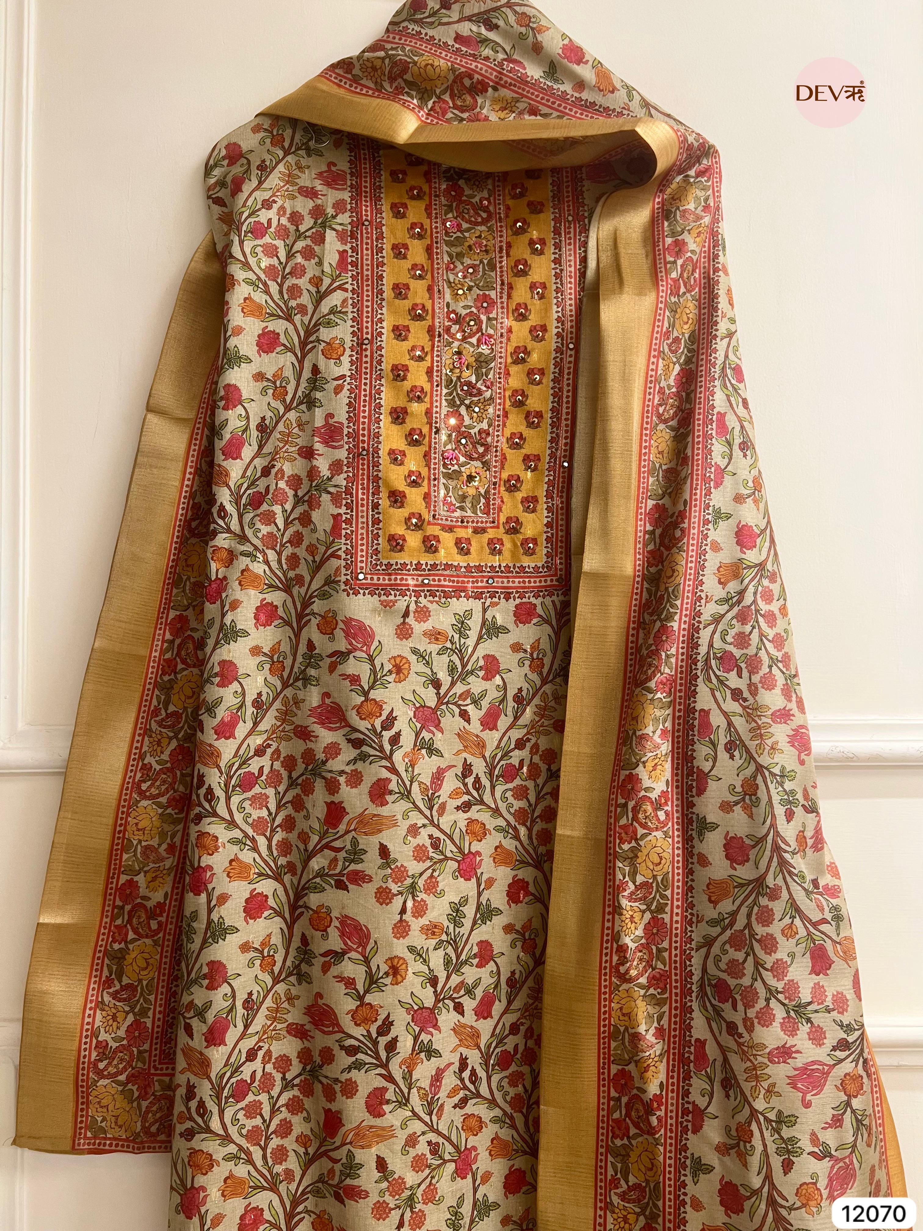 Multi colour Tissue Khadi Silk Printed Unstitched Hand Embroidered -Set Of 3 - {12070}