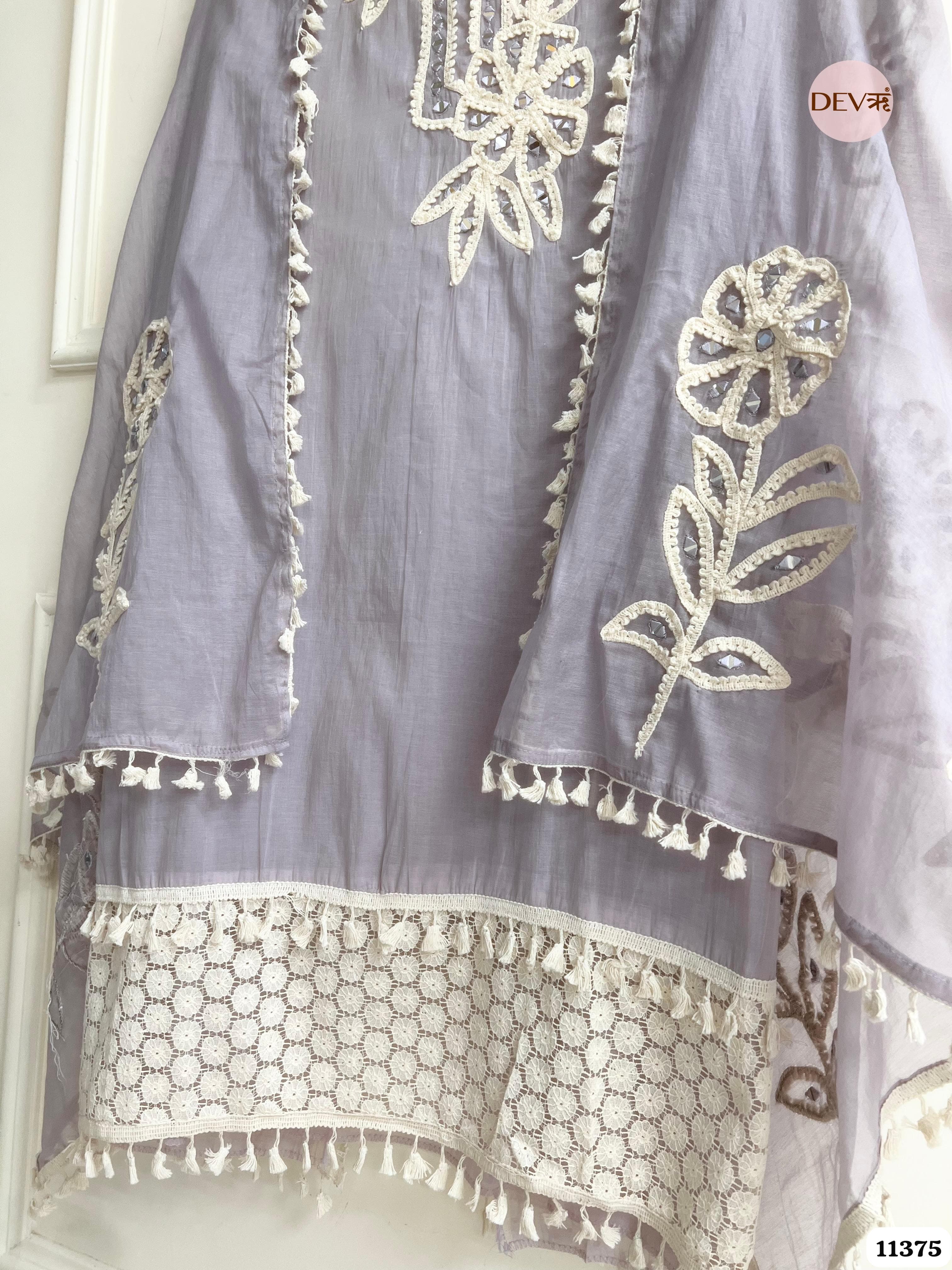 Lavender Mul Chanderi Unstitched Hand Embroidered -Set Of 3 {11375}