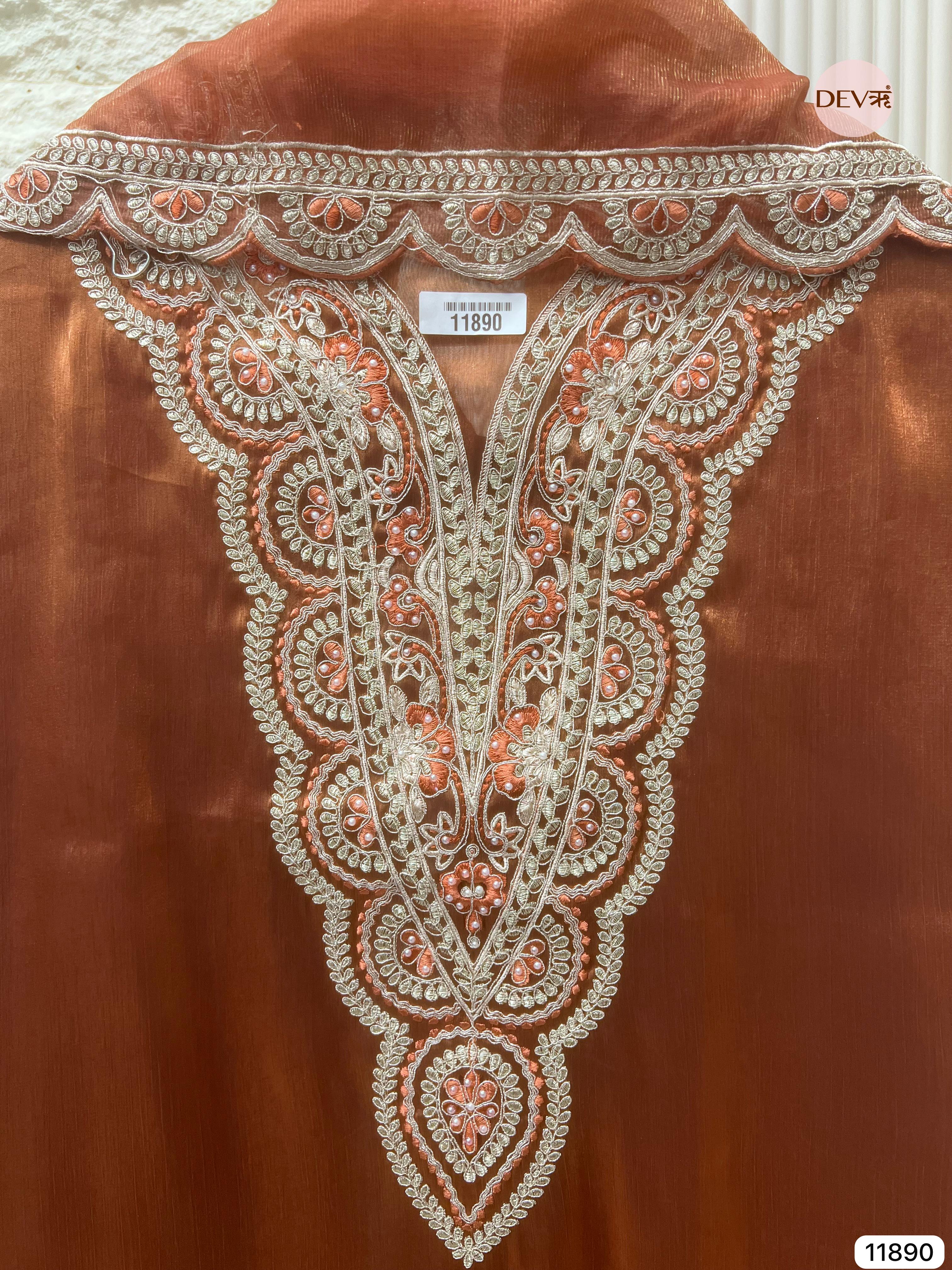 Brown Tissue Shimmer Silk Unstitched Printed Embroidered -Set Of 3 - {11890}