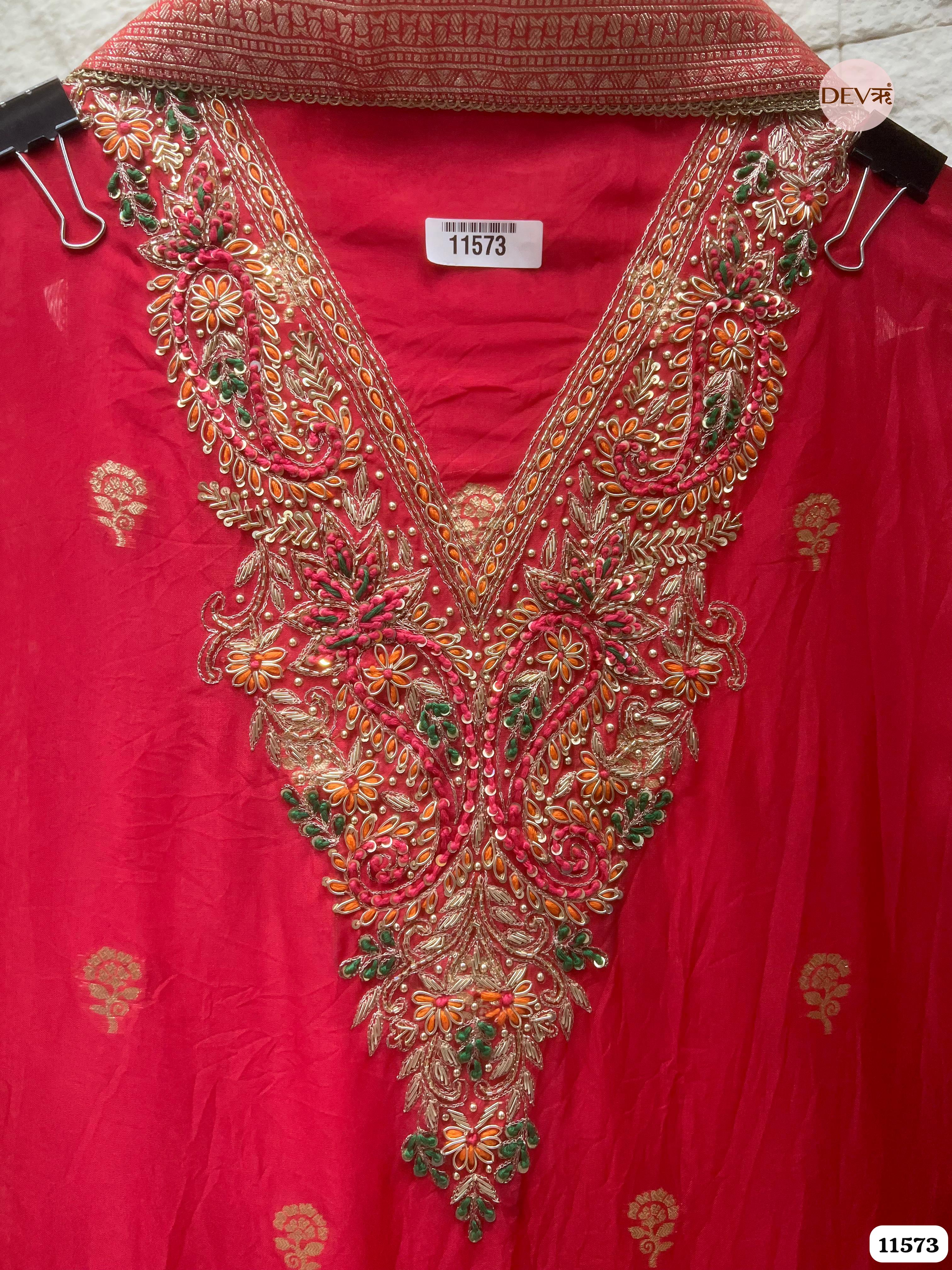 Red Pure Organza Silk Unstitched Banarasi Weave Hand Embroidered -Set Of 3 {11573}