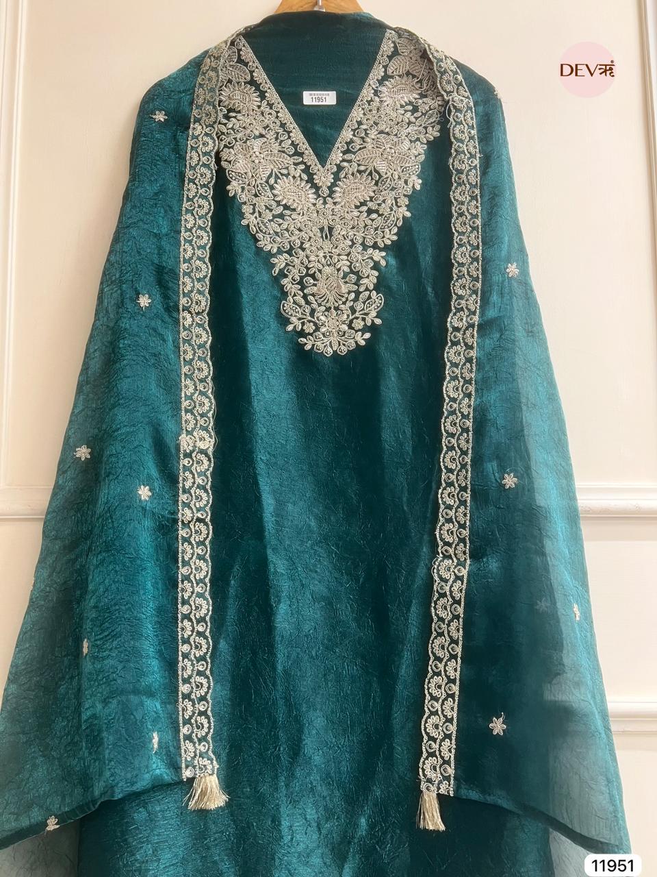 Teal Crush Tissue Embroidered Unstitched 3-Piece Suit (Devri – D.No 11951)