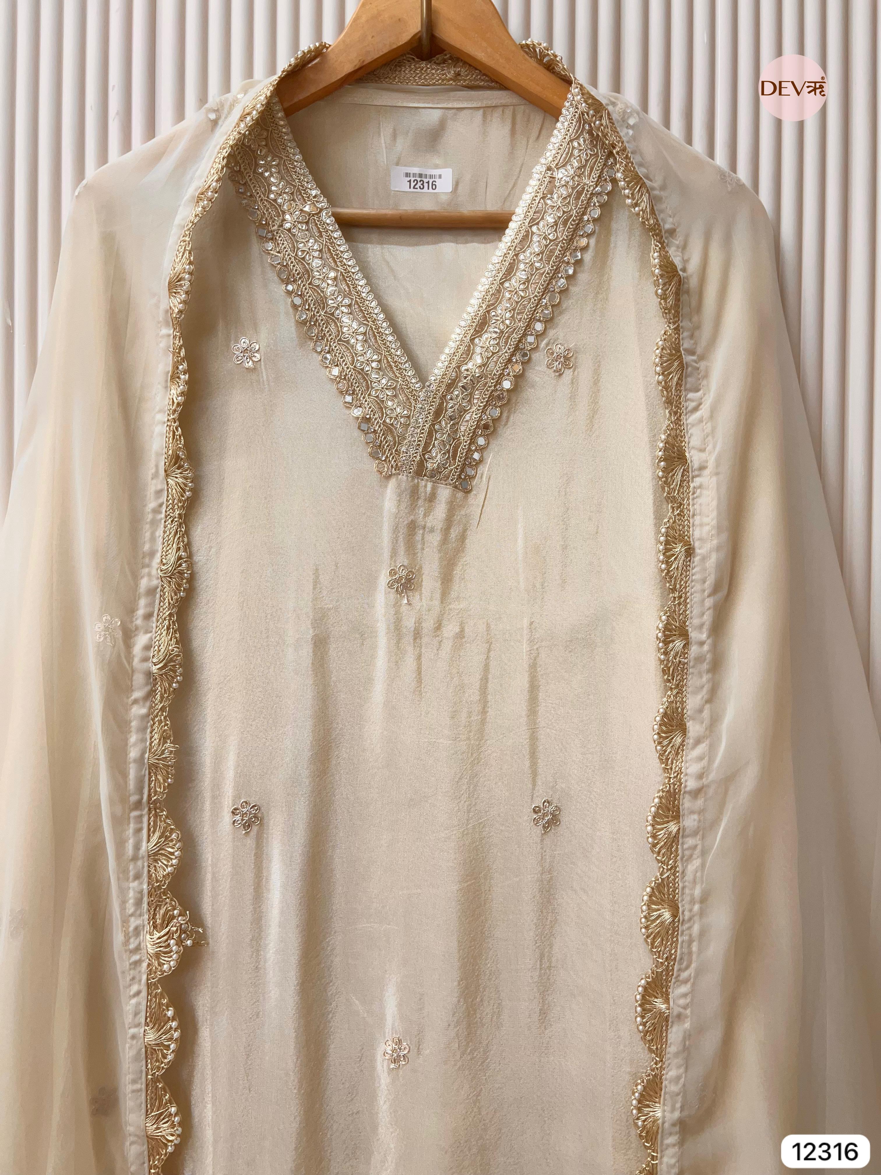 Ivory Shimmer Silk Embroidered Unstitched 3-Piece Suit (Devri – D.No 12316)