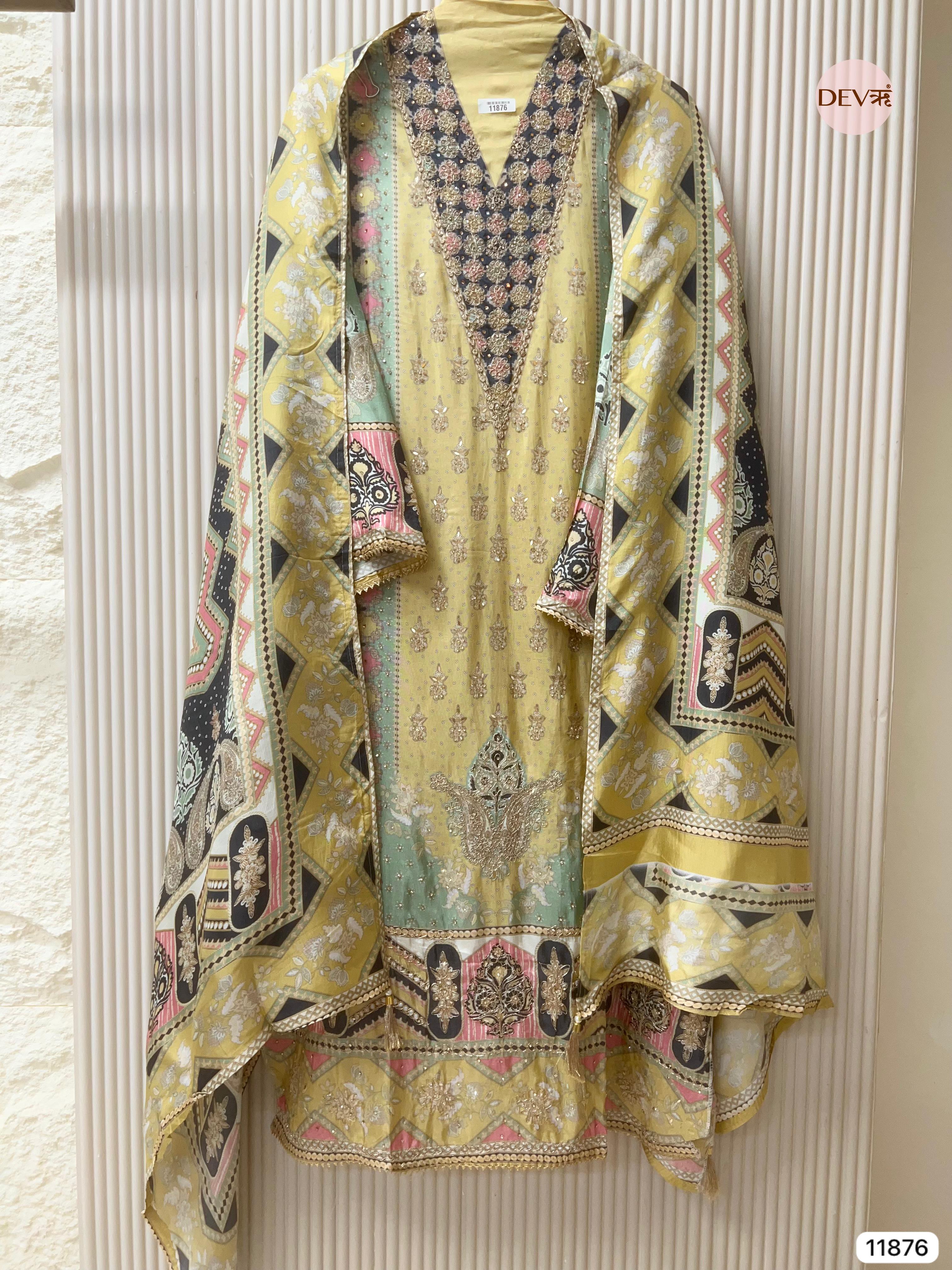 Yellow Glass Silk Semi Stitched Pakistani Printed Hand Embroidered -Set Of 3- {11876}