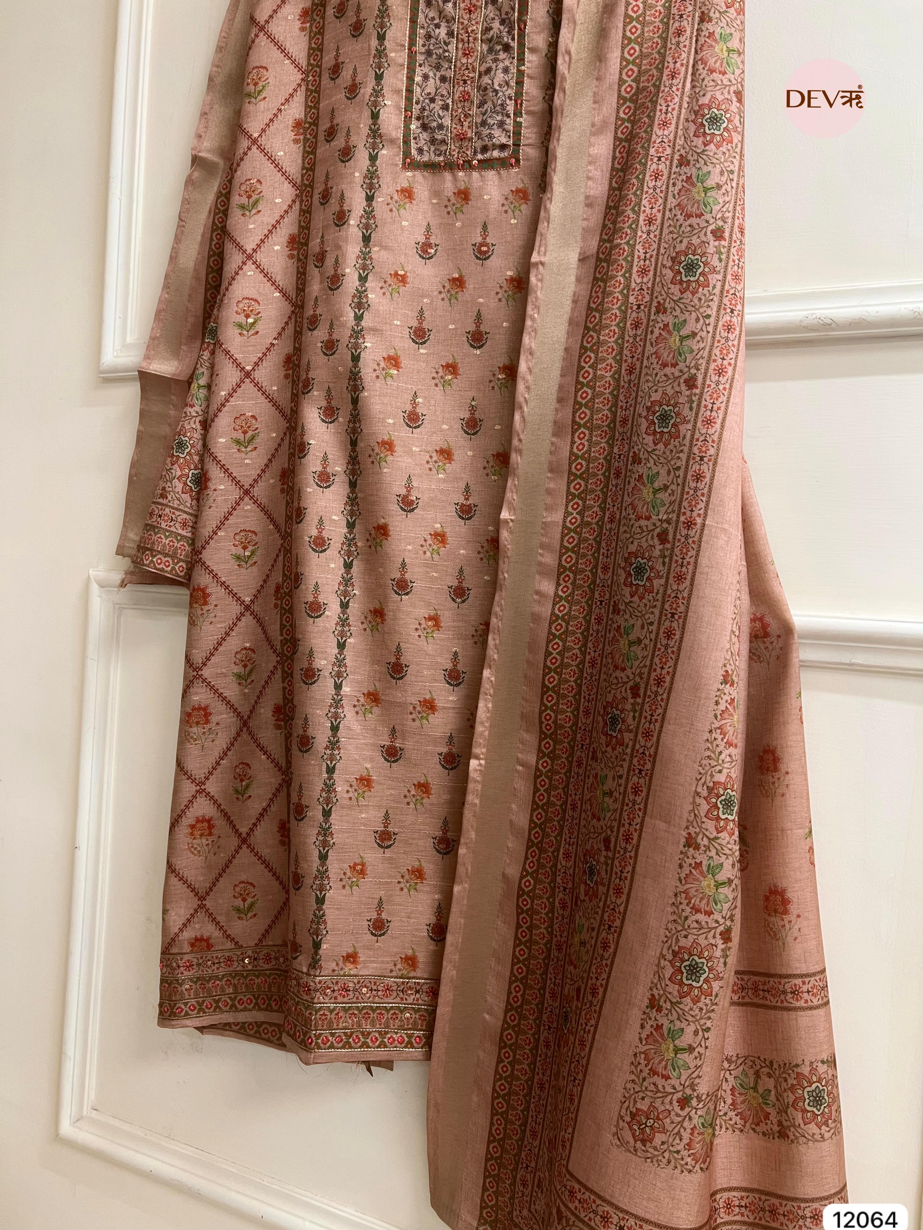 Brown Raw Handloom Silk Unstitched Designer Printed With Hand Embroidery -Set Of 3 - {12064}