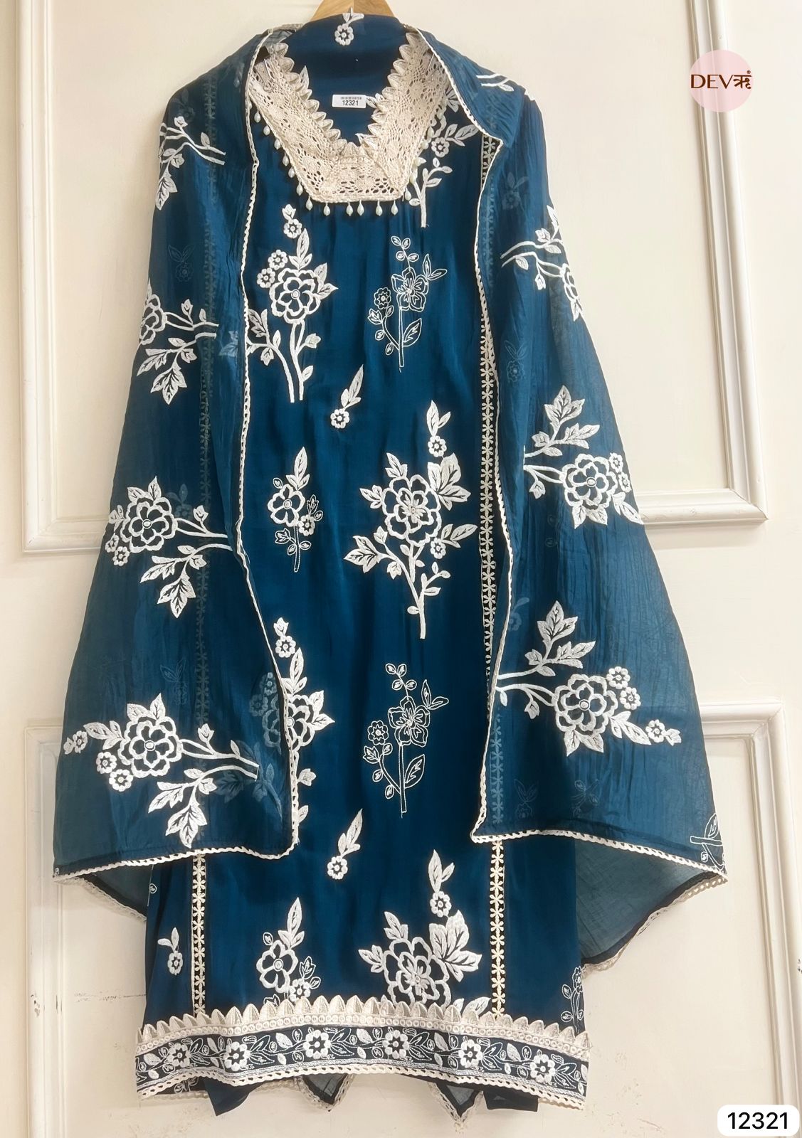 Peacock Blue Mul Chanderi Embroidered Unstitched 3-Piece Suit (Devri – D.No-12321)