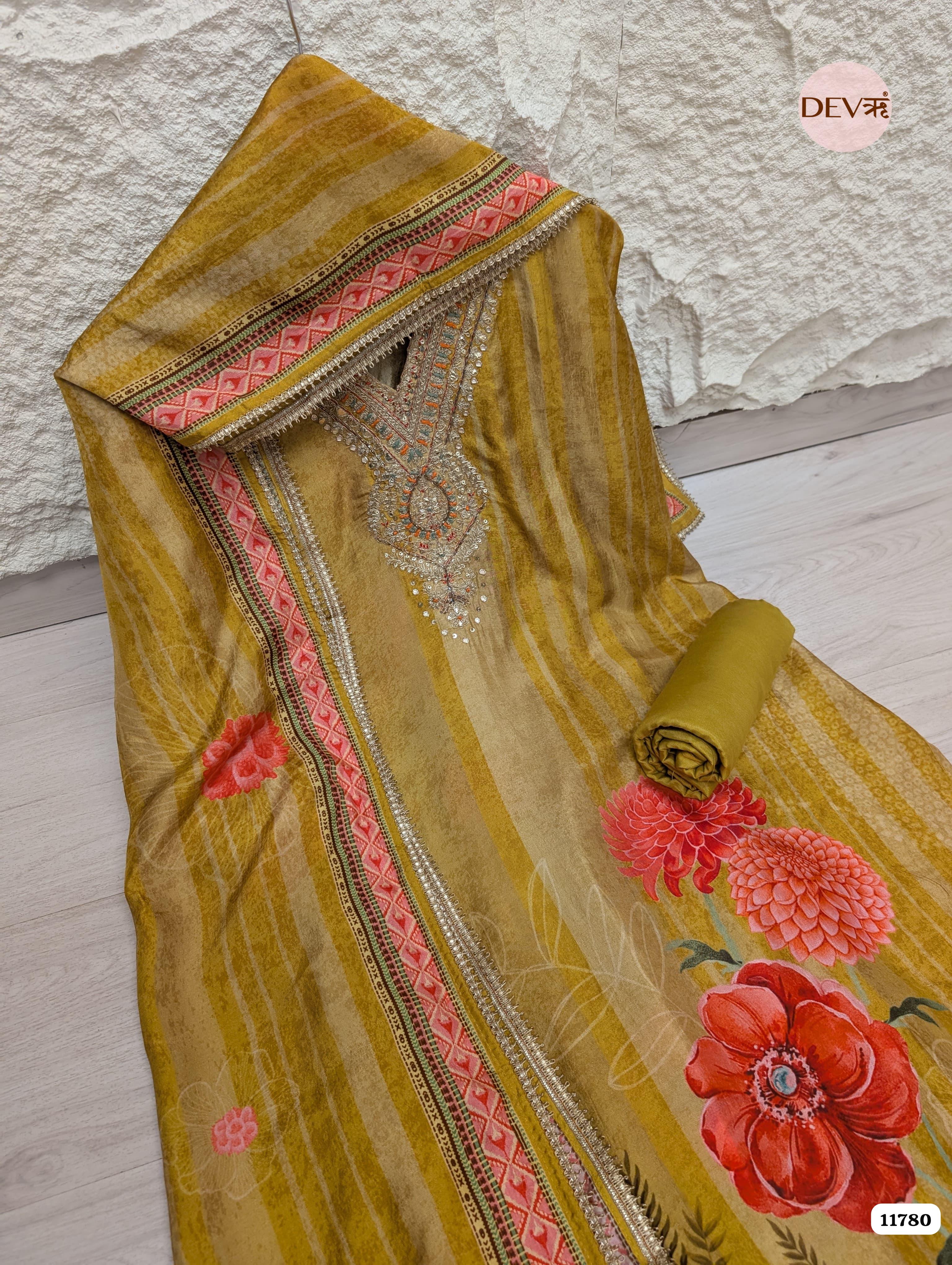 Yellow Russian Silk Printed Unstitched Hand Embroidered -Set Of 3 {11780}