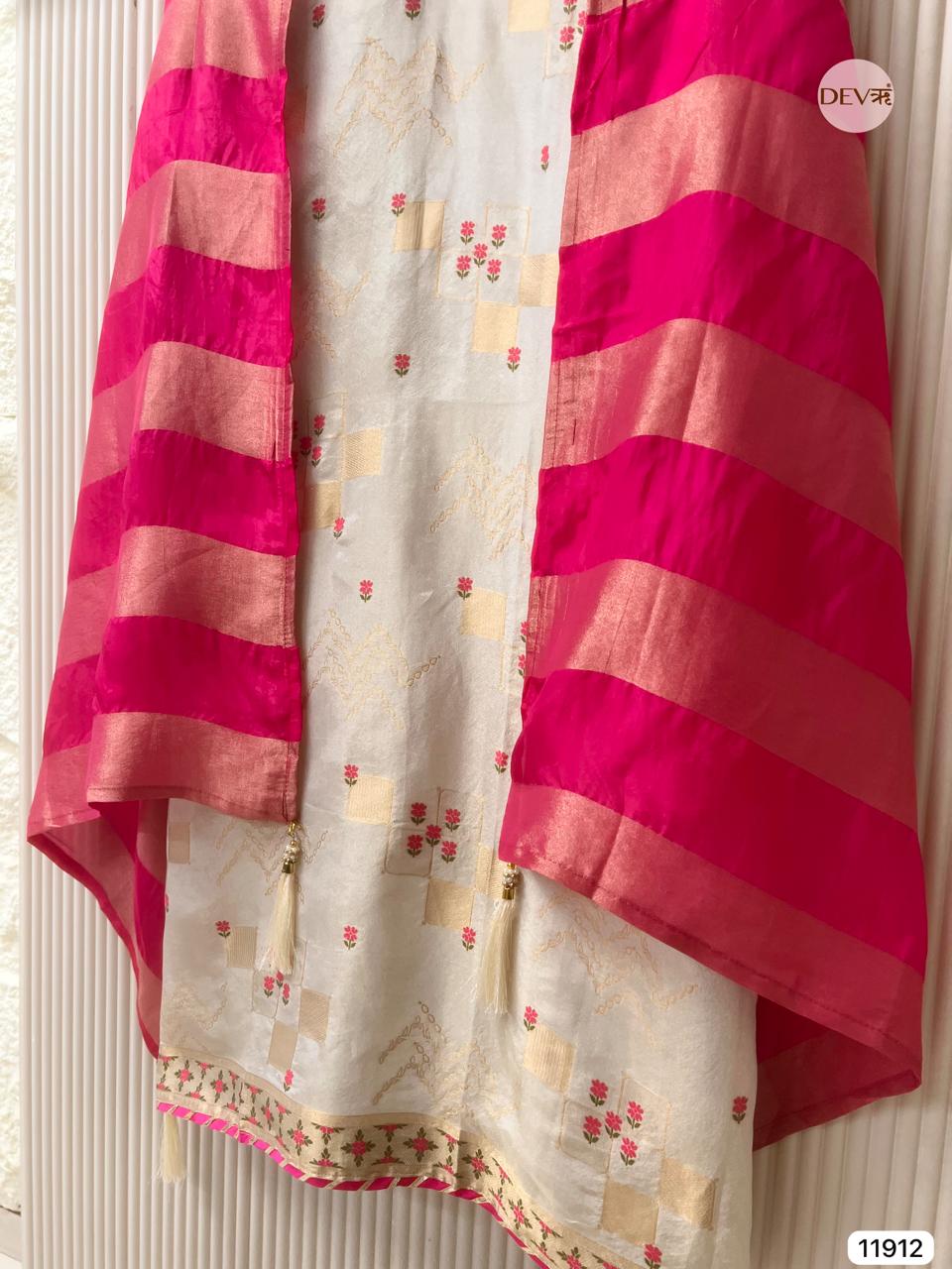 Off White Tissue Shimmer Silk Unstitched Banarasi Weave Hand Embroidered -Set Of 3 - {11912}