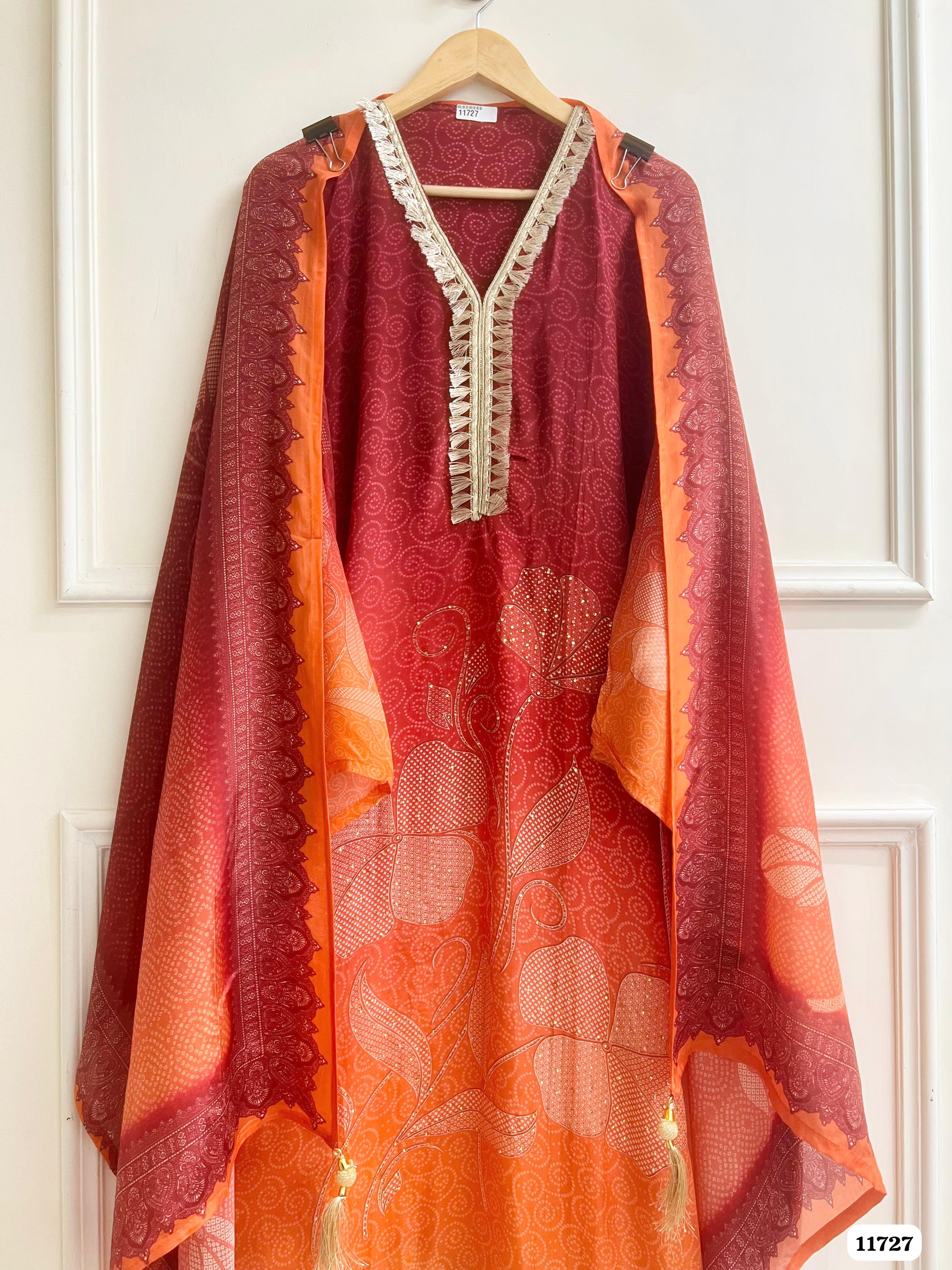 Red & Orange Silk Semi stitched Hand Embroidered -Set Of 3 {11727}