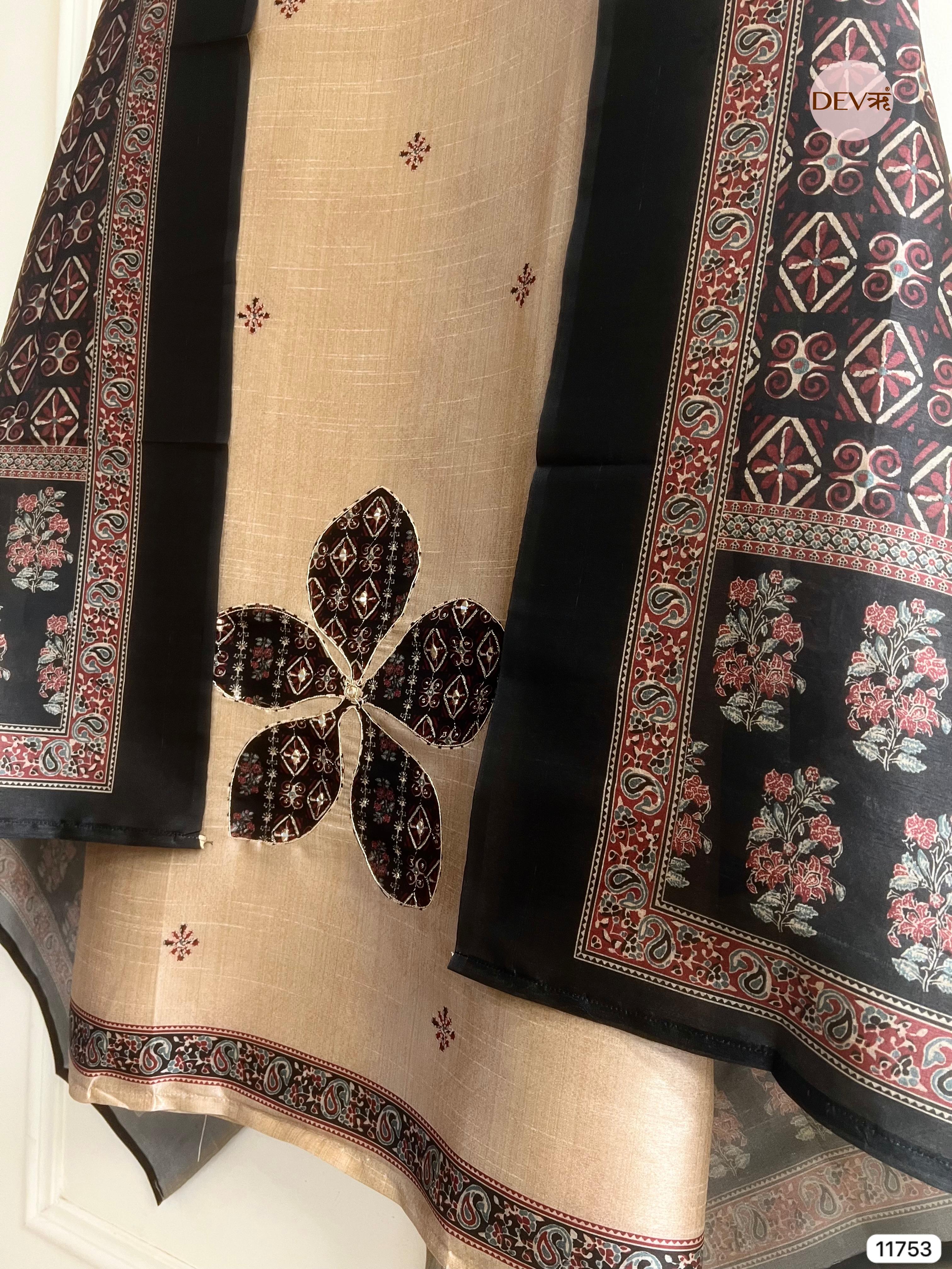 Beige colour Raw Silk Unstitched Hand Applique Work Embroidered -Set Of 3 - {11753}