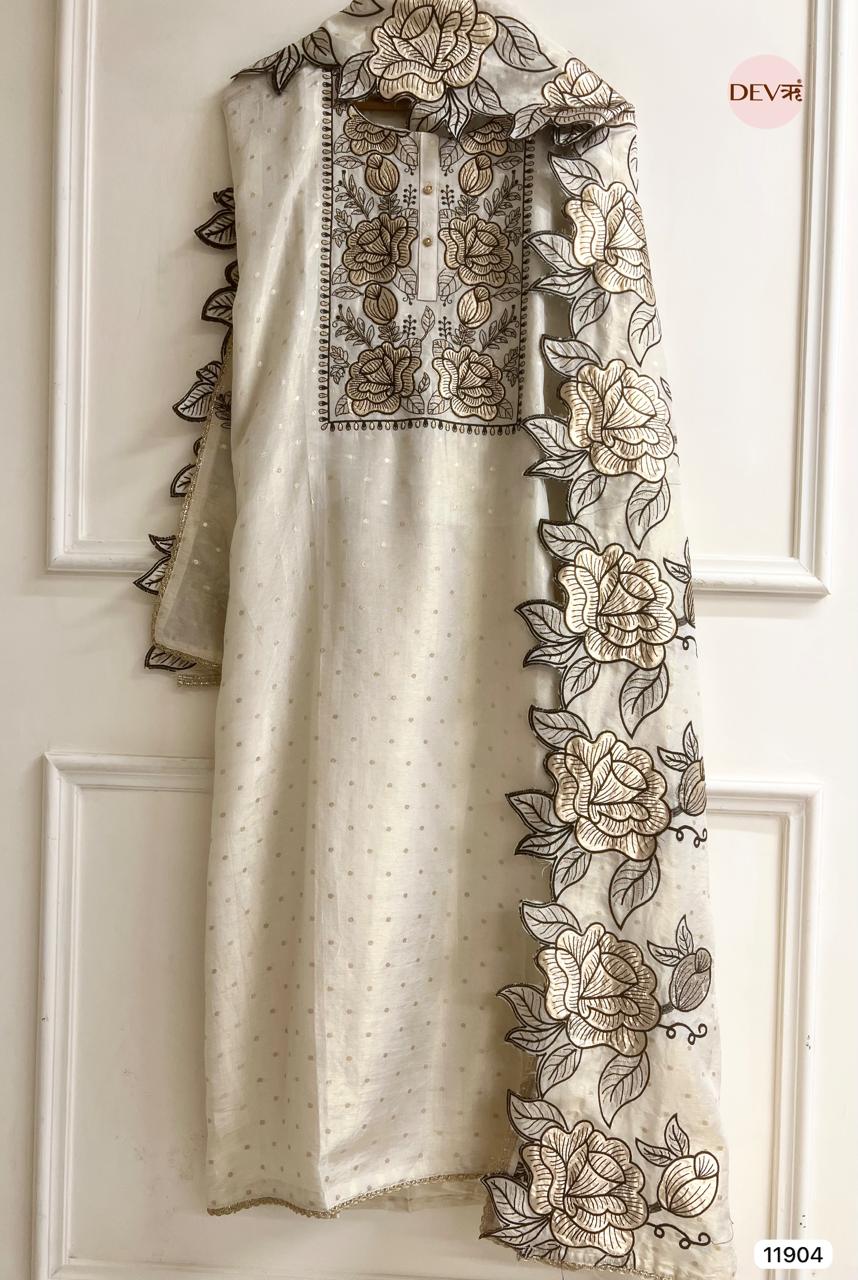 Off White Pure Tissue Shimmer Unstitched Embroidered -Set Of 3- {11904}