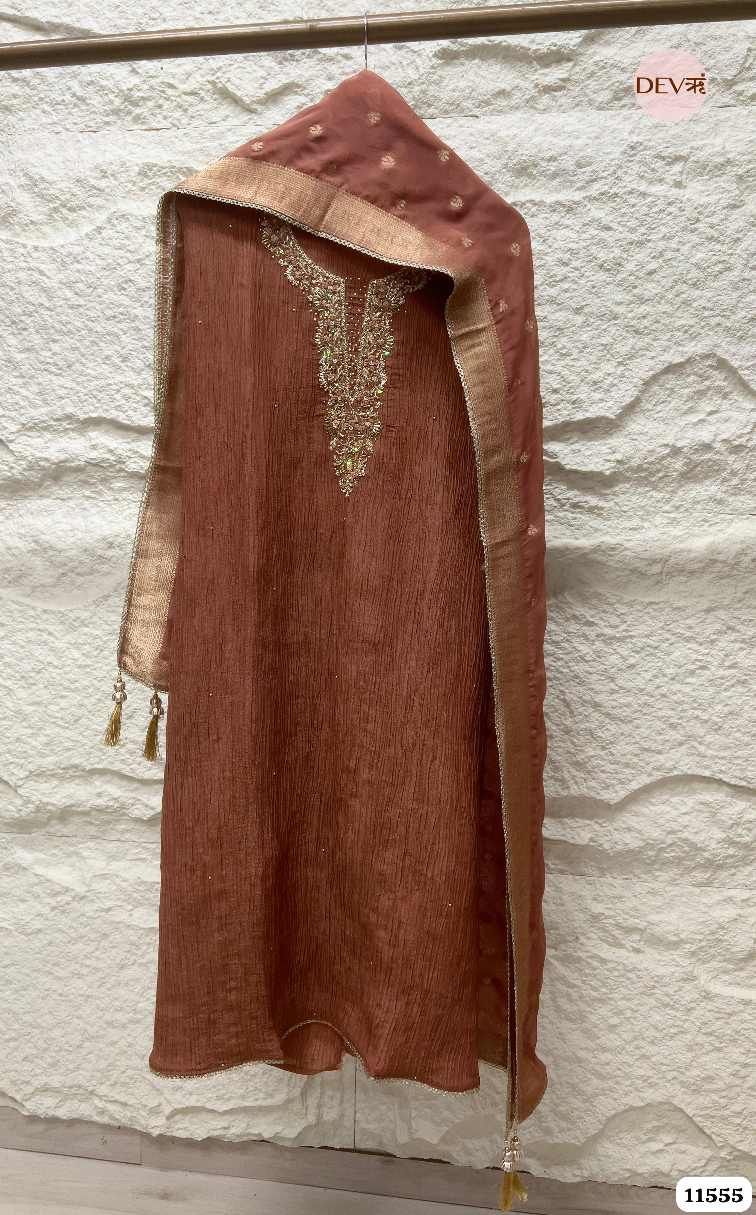 Reddish-Brown Pure Tissue Crush Silk Unstitched Hand Embroidered -Set Of 3 {11555}