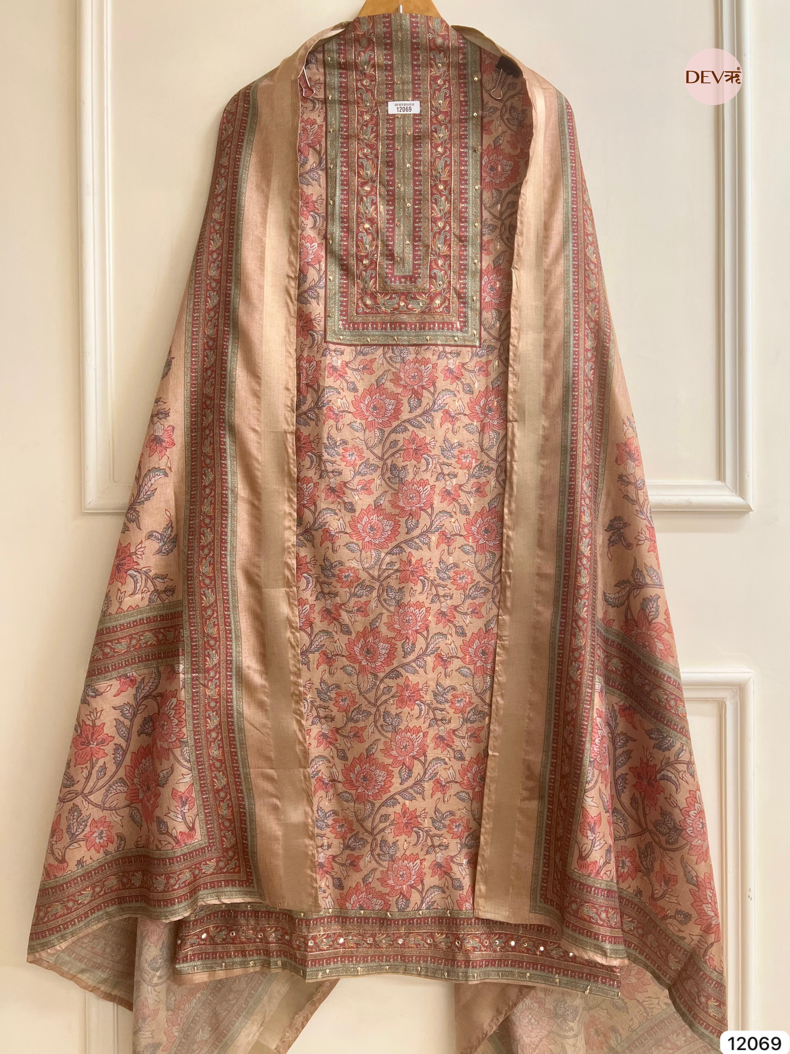 Multi Colour Tusser Khadi Silk Printed Unstitched Hand Embroidered -Set Of 3 - {12069}