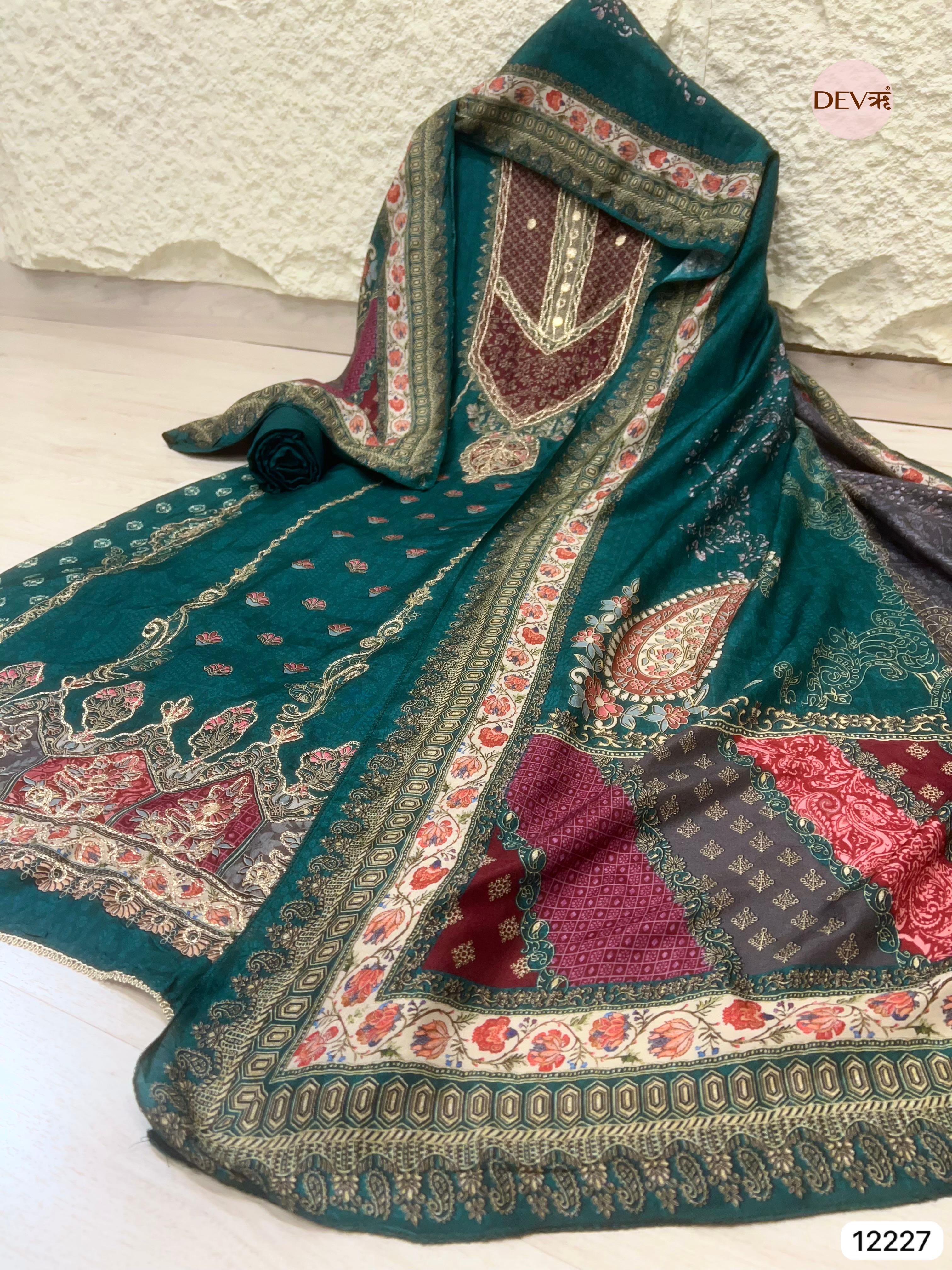 Teal Pure Muslin Printed Unstitched 3-Piece Suit (Devri – D.No 12227)