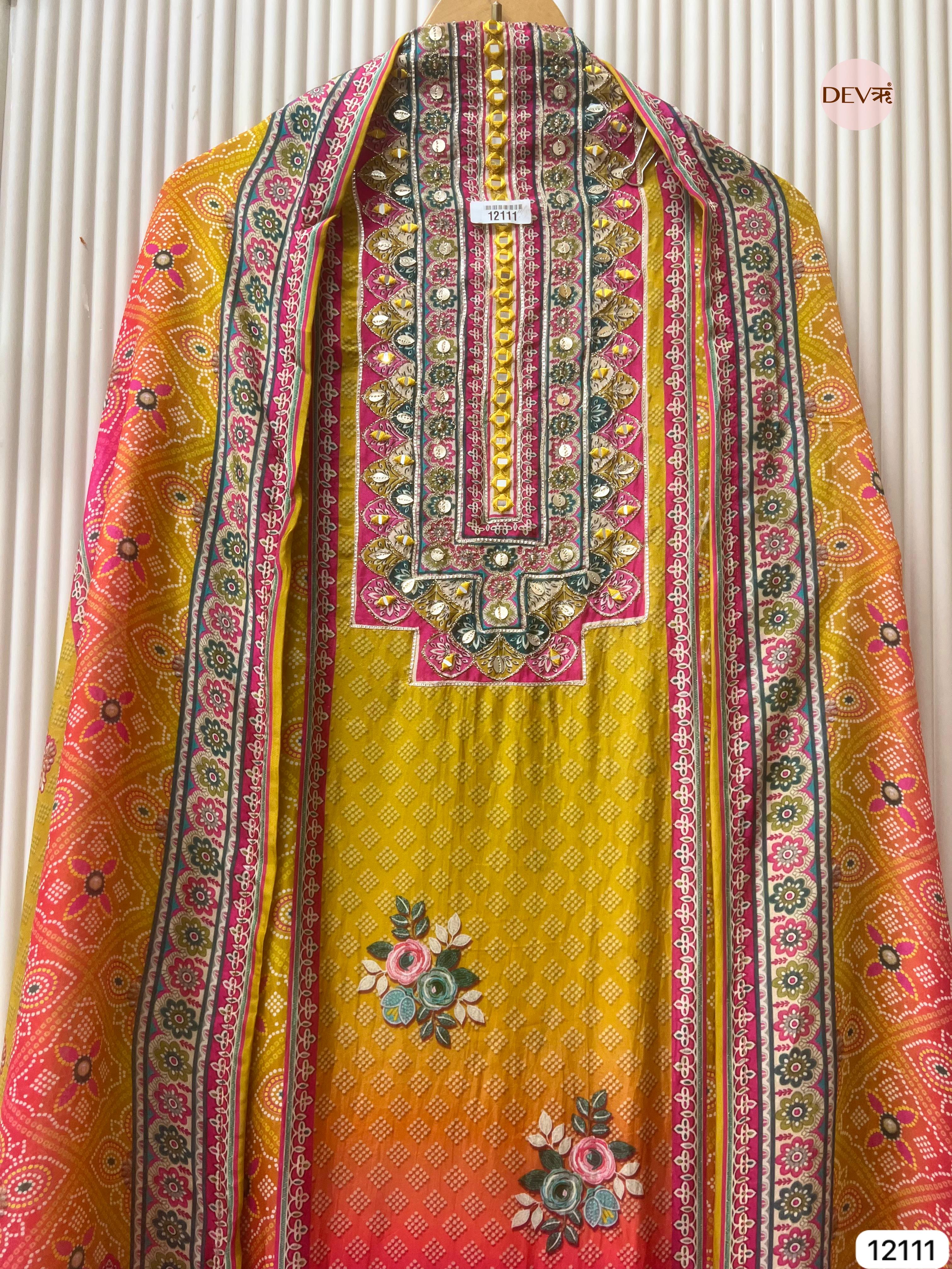 Yellow Pure Organza Silk Unstitched Printed -Set Of 3 - {12111}