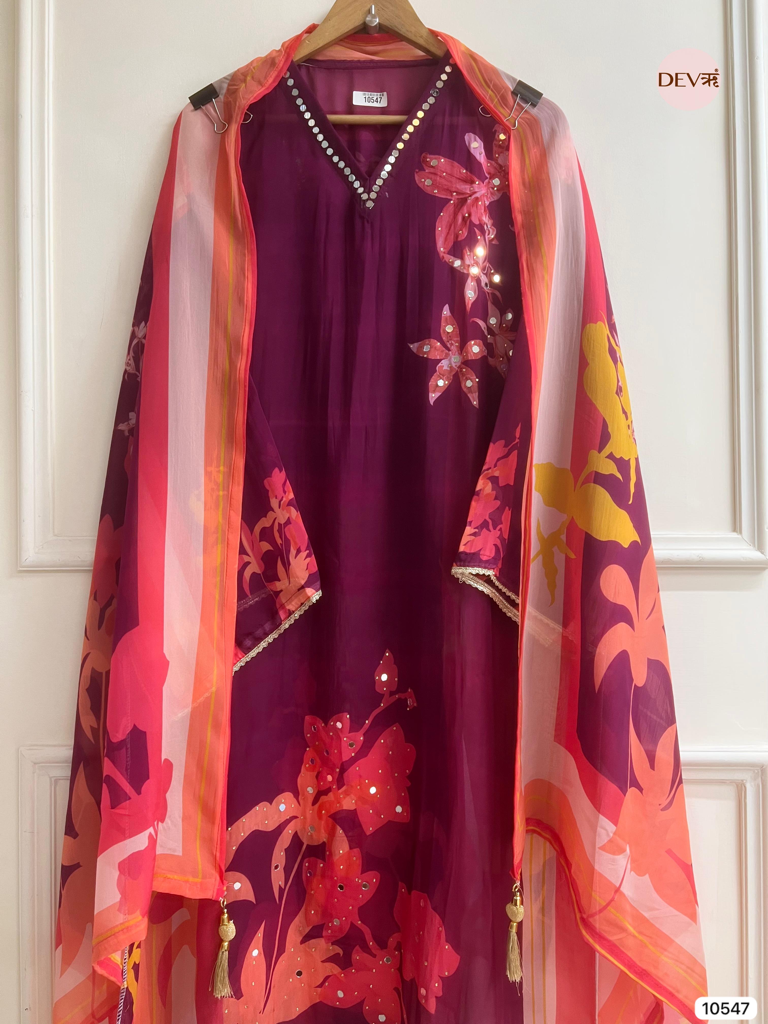 Purple Organza Semi Stitched Printed With Highlight Dupatta -Set Of 3 - {10547}