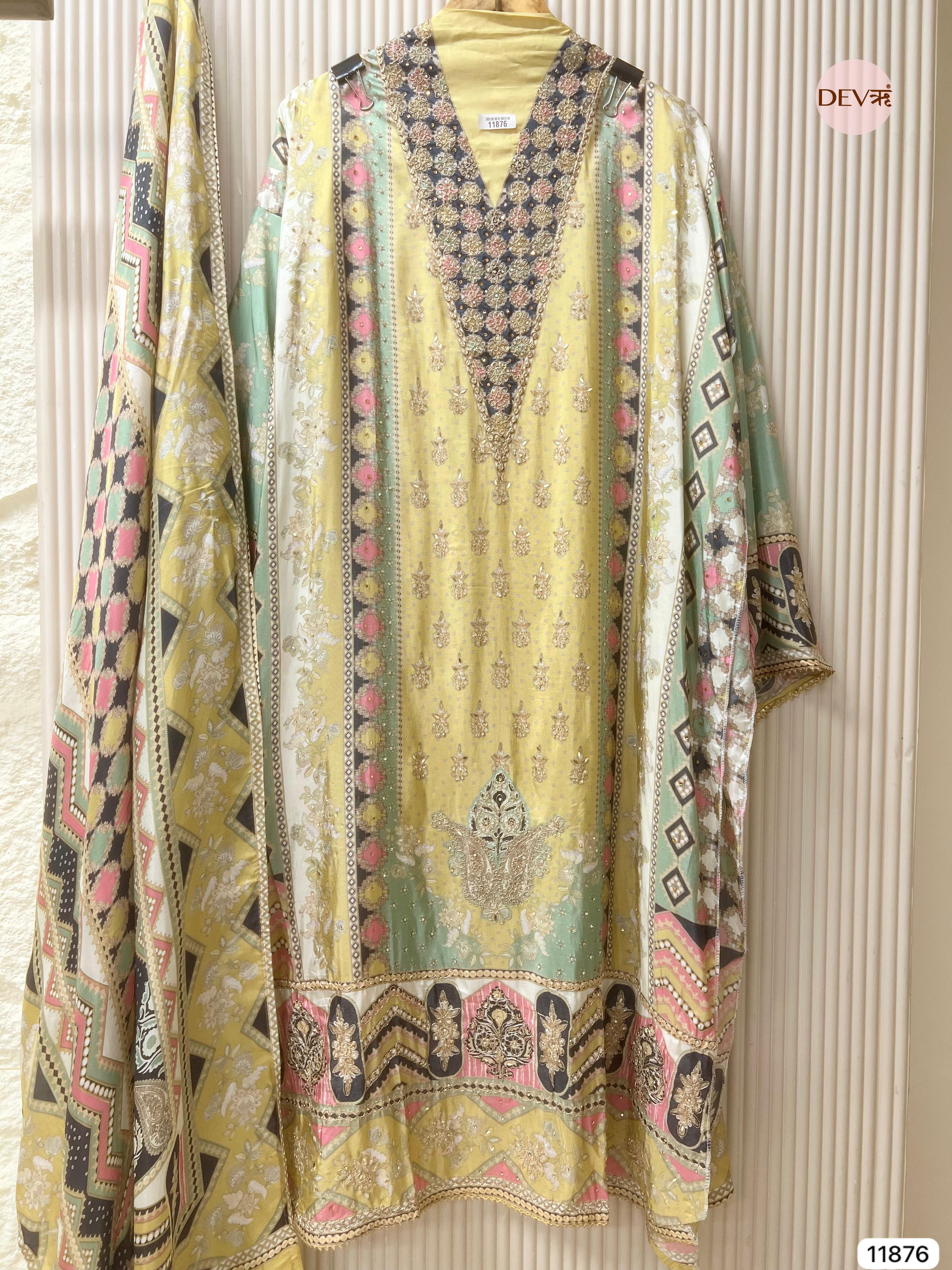 Yellow Glass Silk Semi Stitched Pakistani Printed Hand Embroidered -Set Of 3- {11876}