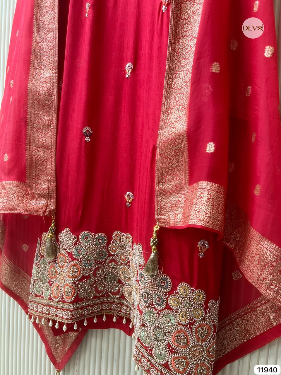 Red Pure Russian Silk Unstitched Hand Embroidered -Set Of 3 - {11940}