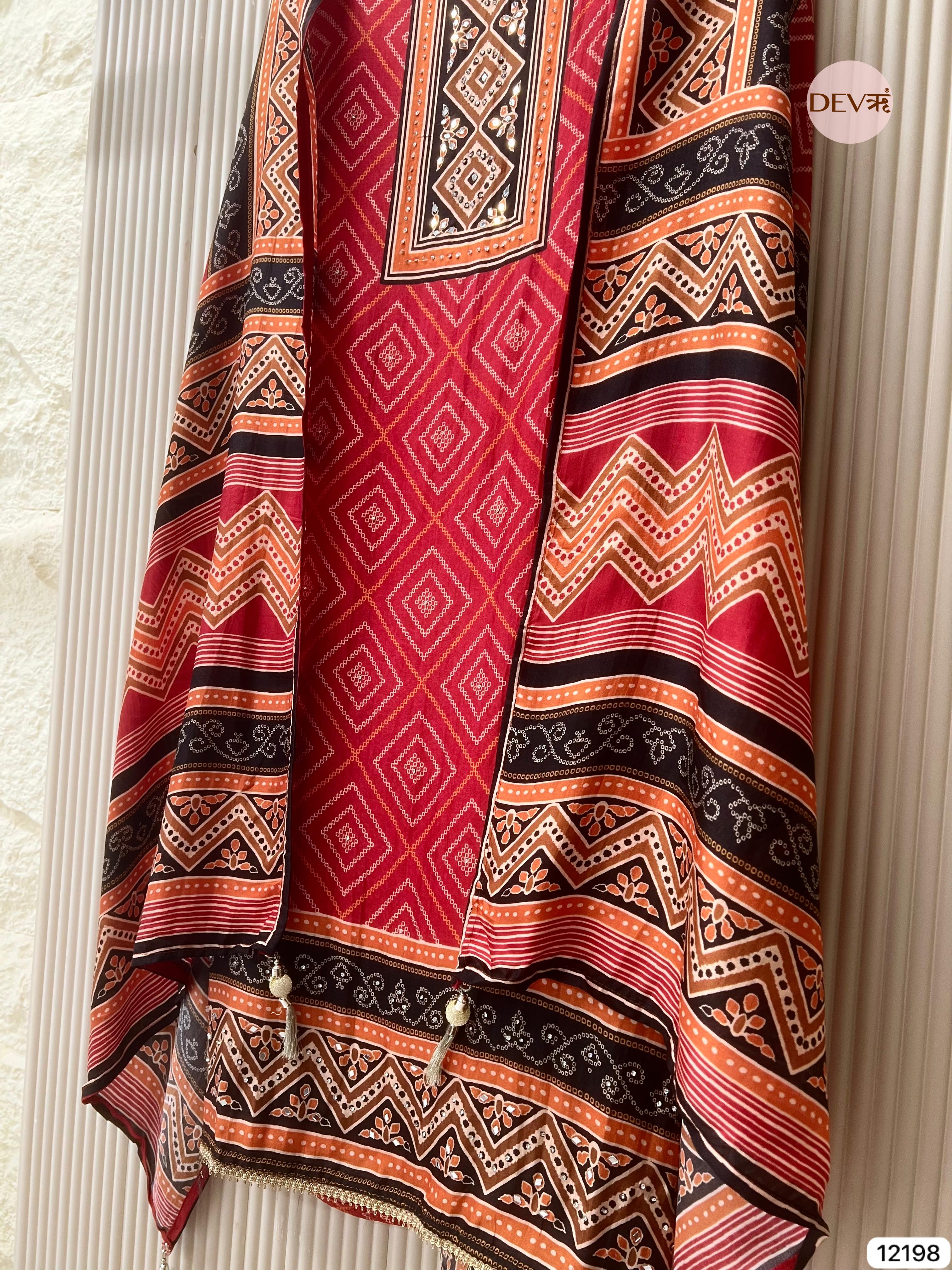 Red Pure russian silk Printed Unstitched Hand Embroidered -Set Of 3 - {12198}