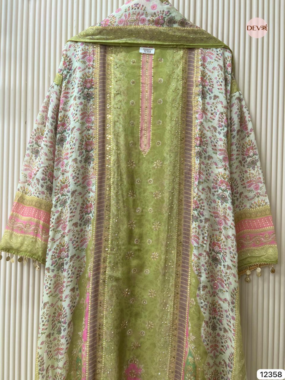 Sage Green Organza Printed Unstitched 3-Piece Suit (Devri – D.No 12358)