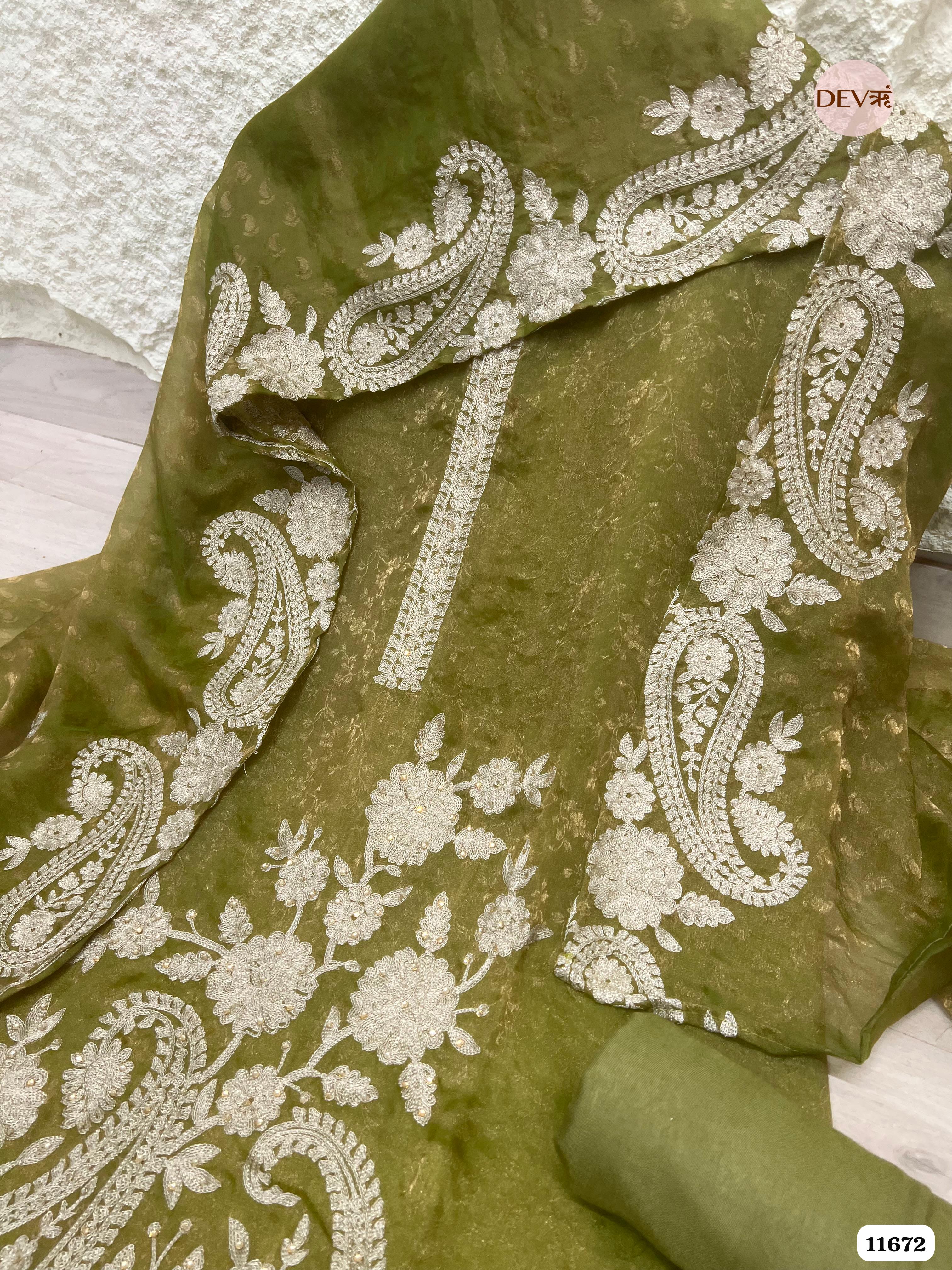 Green Tissue Silk Unstitched Embroidered -Set Of 3 {11672}