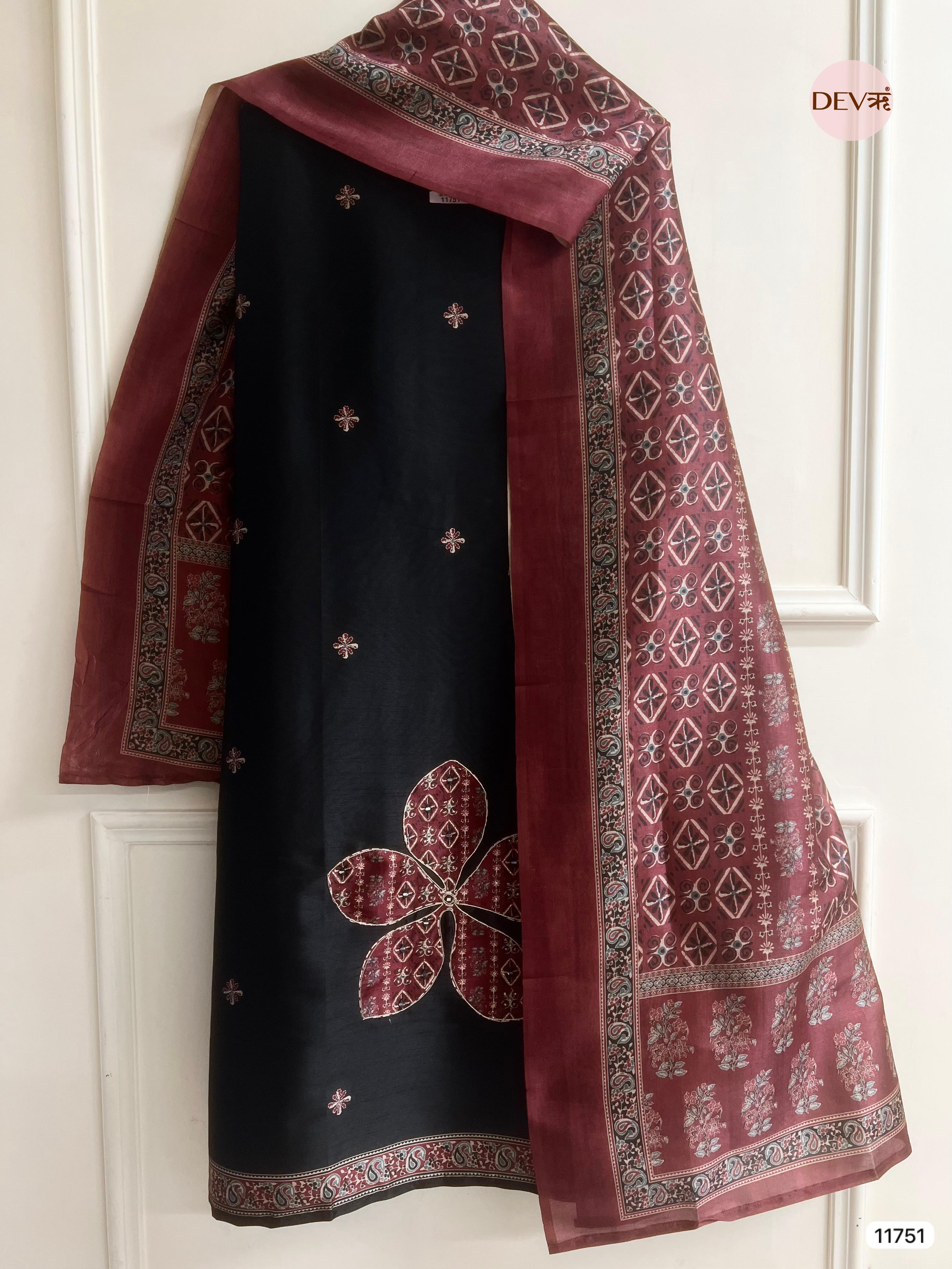Black Raw Silk Unstitched Hand Applique Work Embroidered -Set Of 3 - {11751}