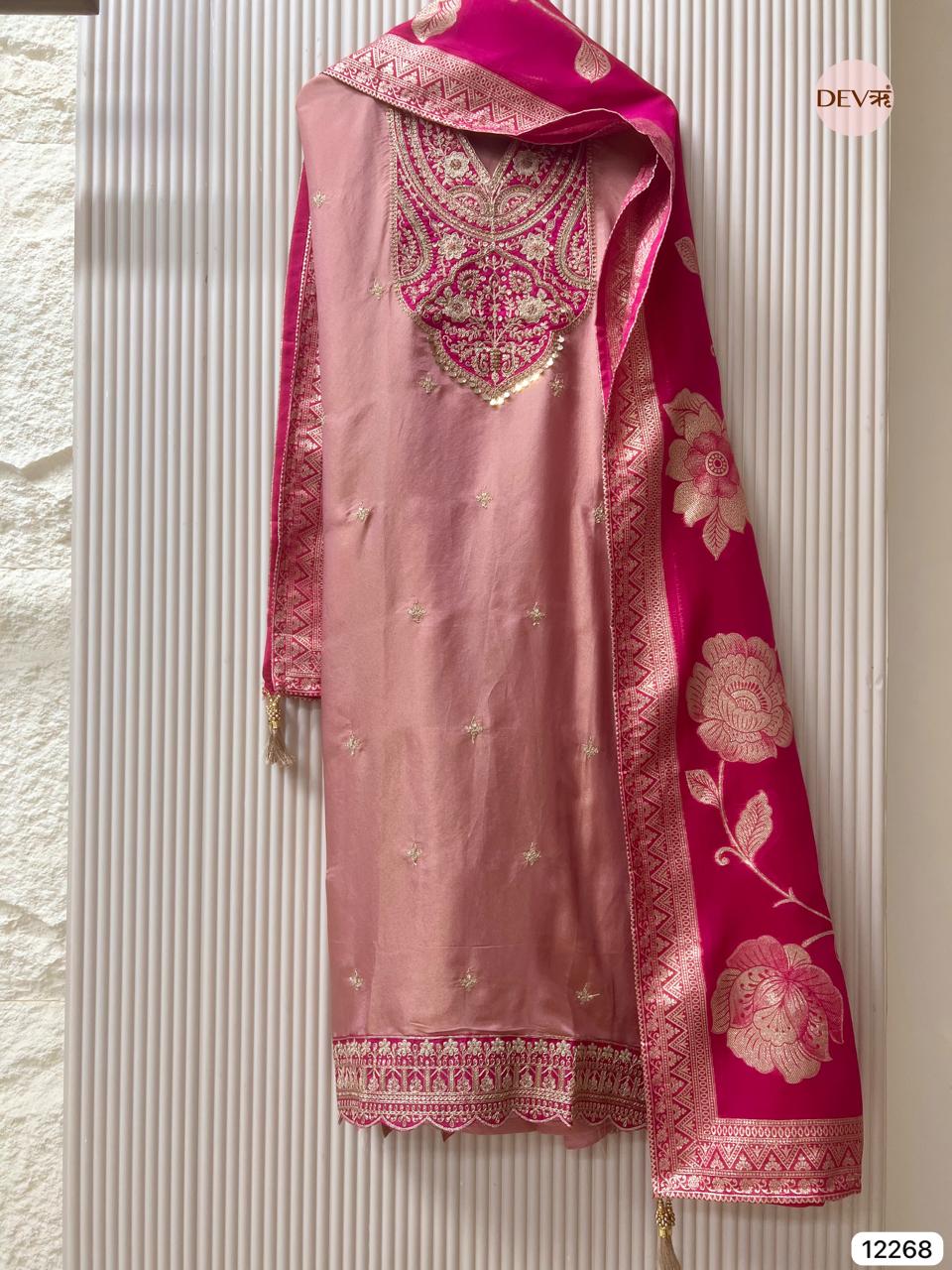 Rose–Rani Tissue Shimmer Silk Embroidered Unstitched 3-Piece Suit (Devri – D.No 12268)