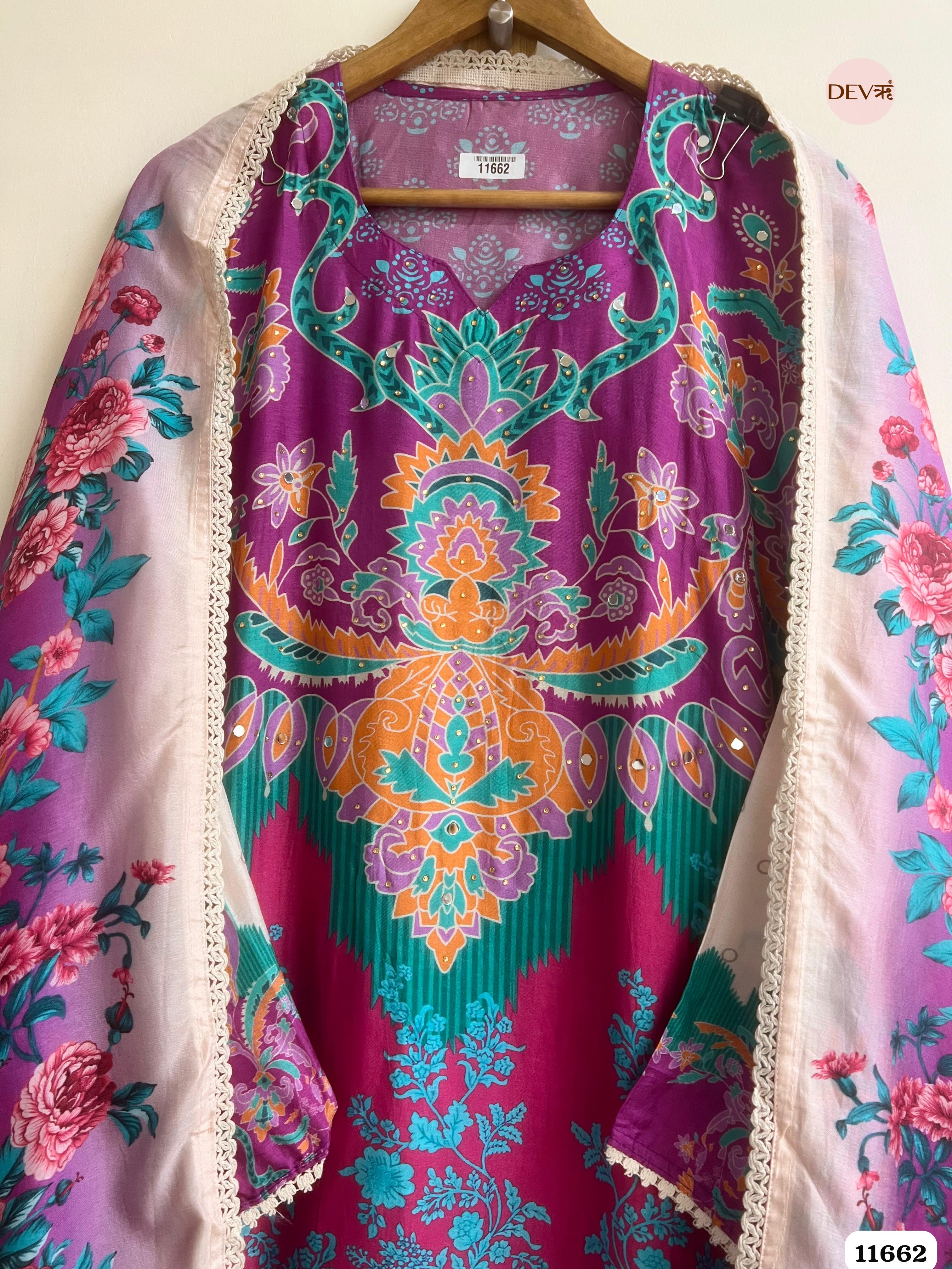 Multi Colour Russian Silk Printed Semi stitched Hand Embroidered -Set Of 3 - {11662}