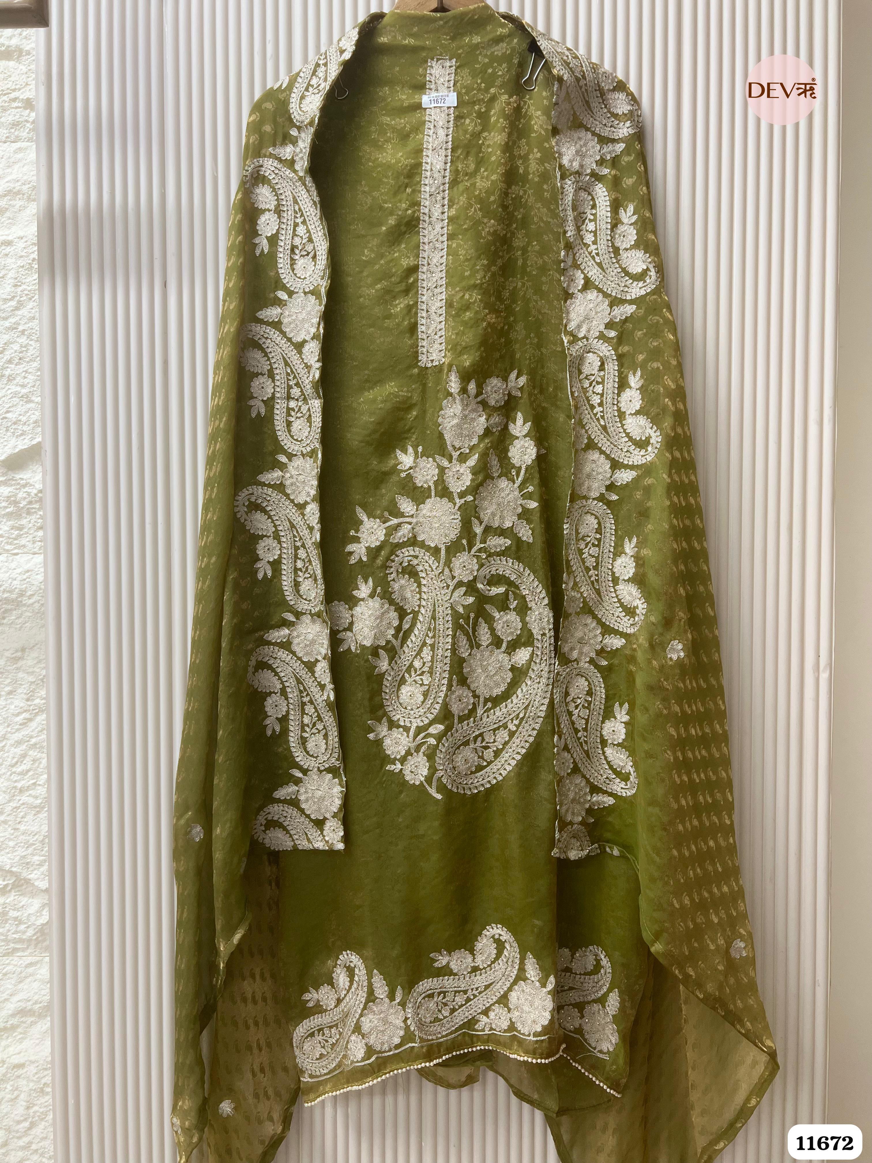 Green Tissue Silk Unstitched Embroidered -Set Of 3 {11672}