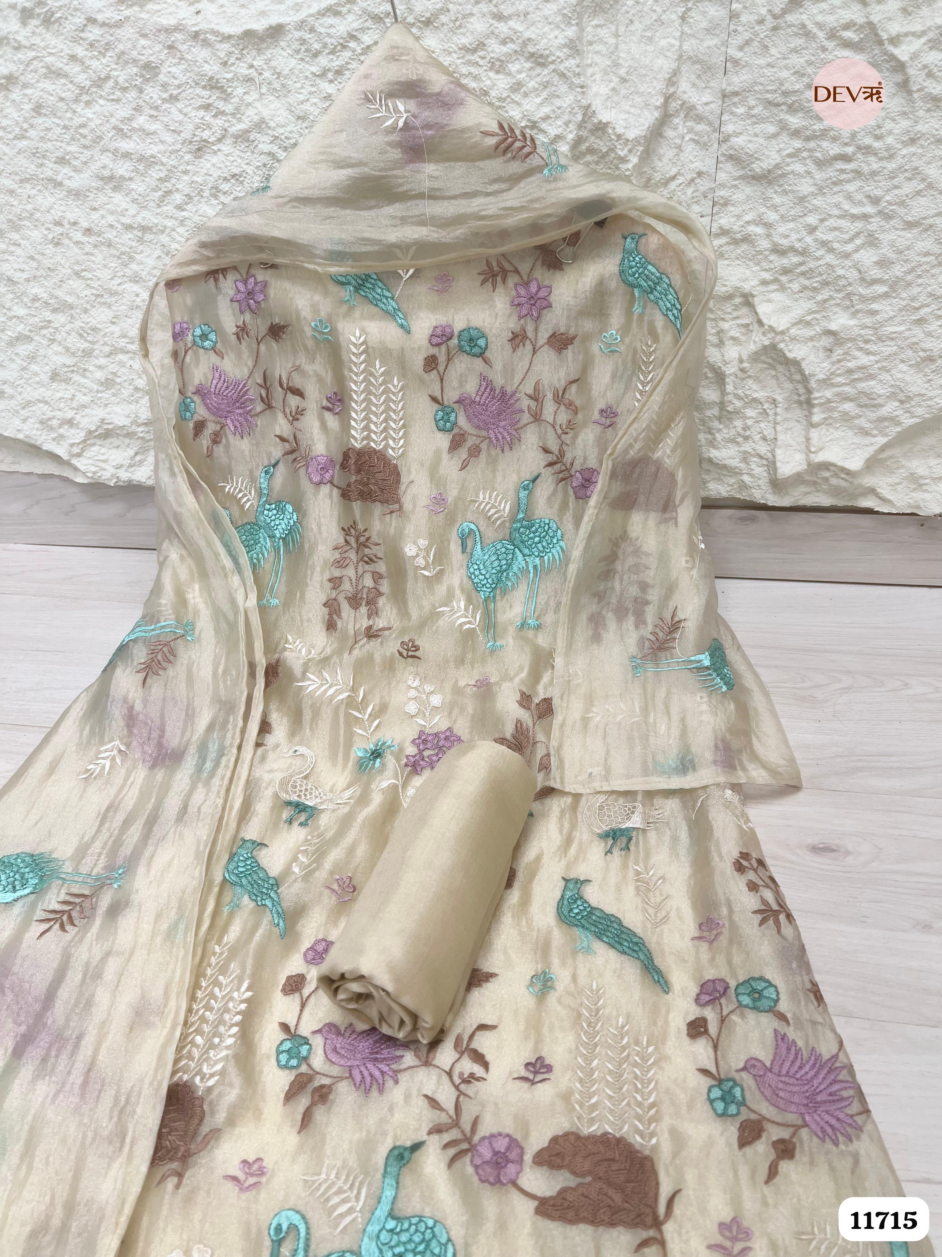 Beige Tissue Organza Silk Unstitched Embroidered -Set Of 3- {11715}