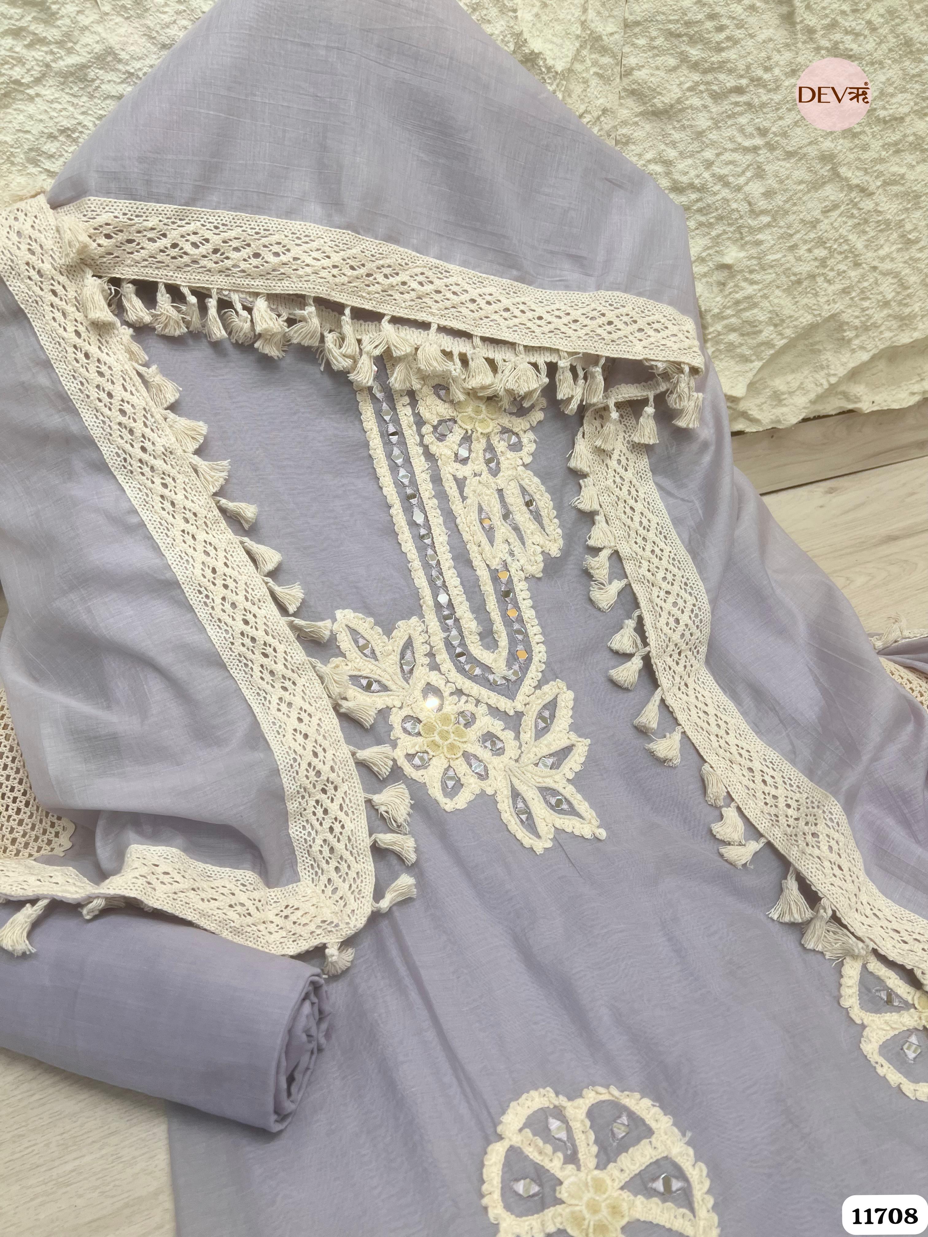 Blue Mul Chanderi Unstitched Hand Embroidered -Set Of 3 {11708}
