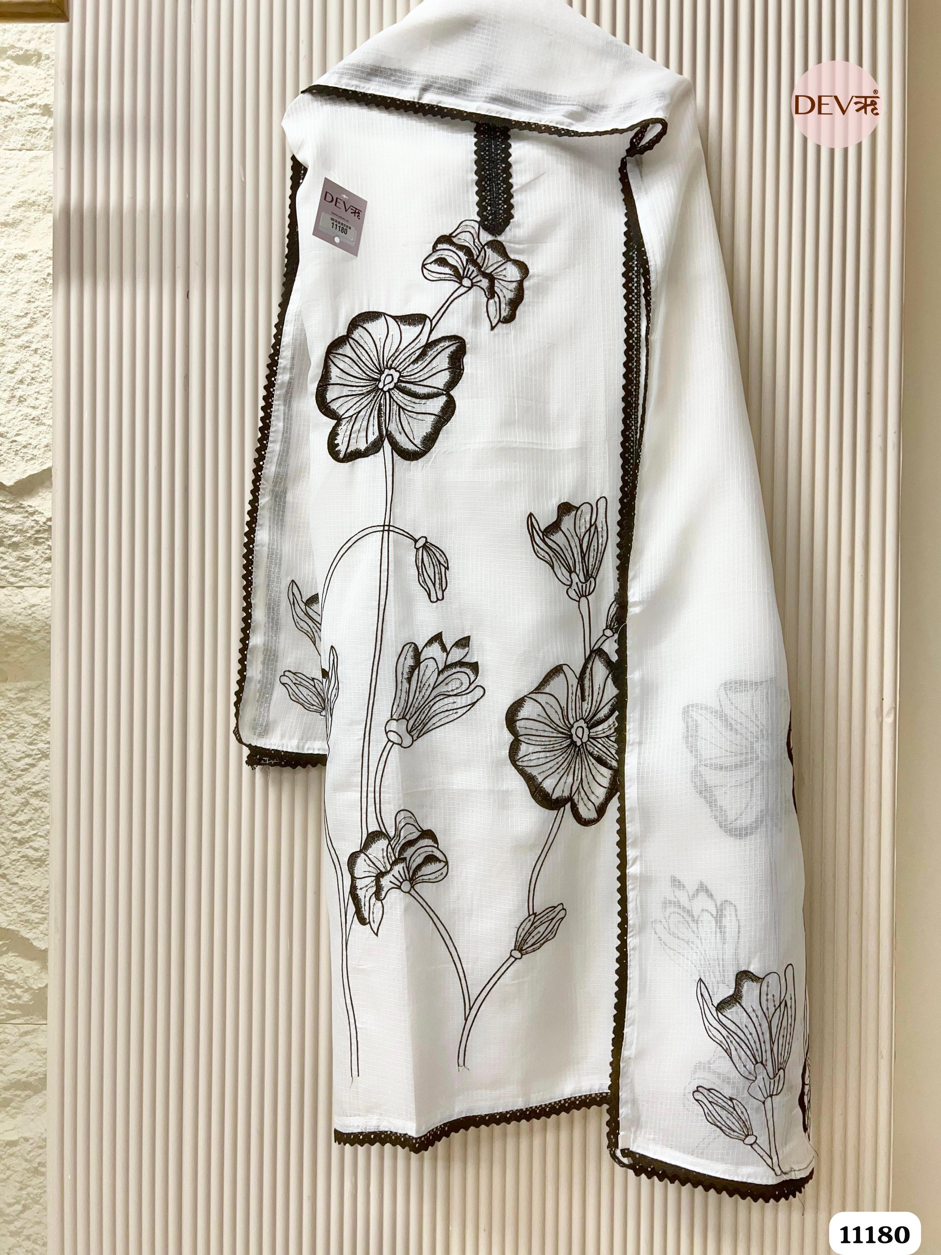 White Kota Unstitched Embroidered -Set Of 3