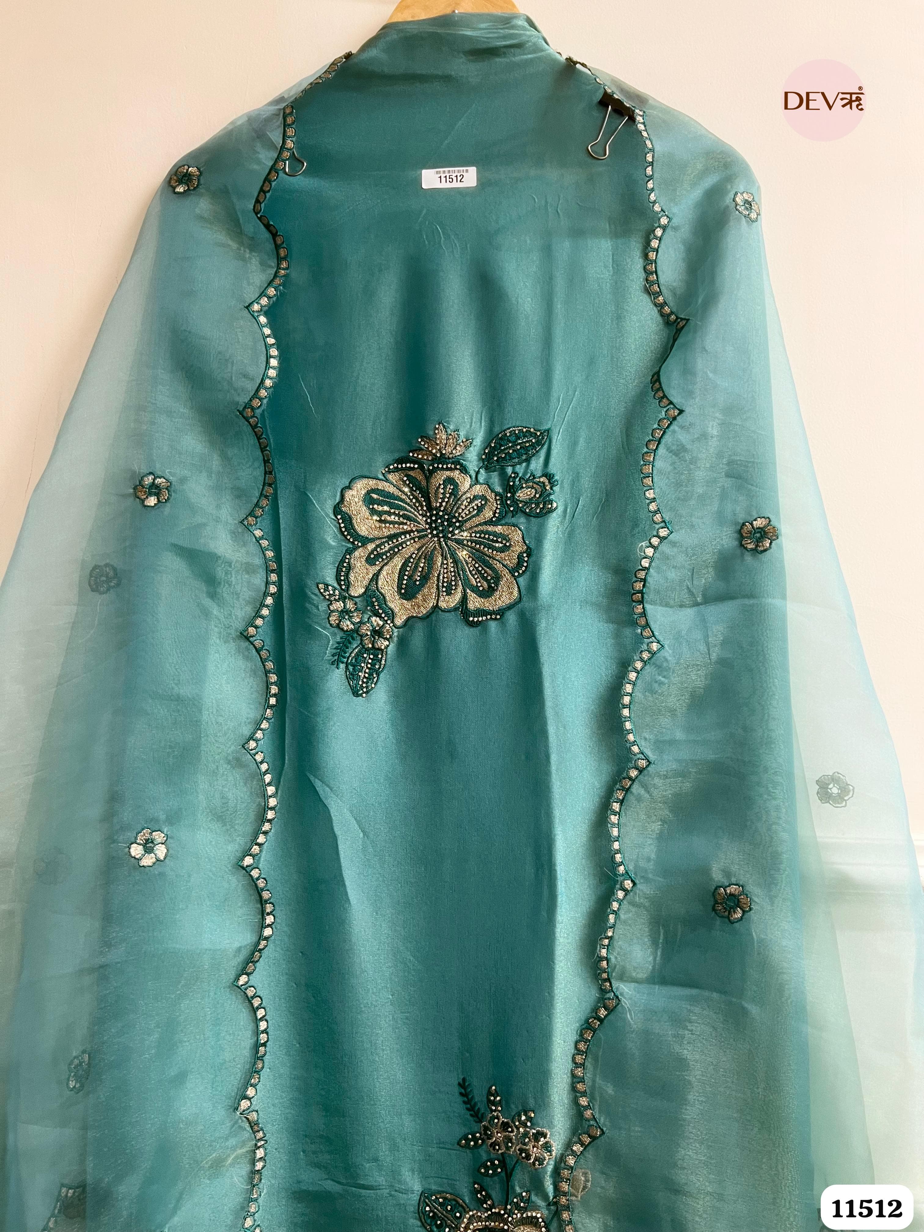 Firoza Blue or Sea Green Tissue Silk Unstitched Hand Embroidered -Set Of 3 {11512}