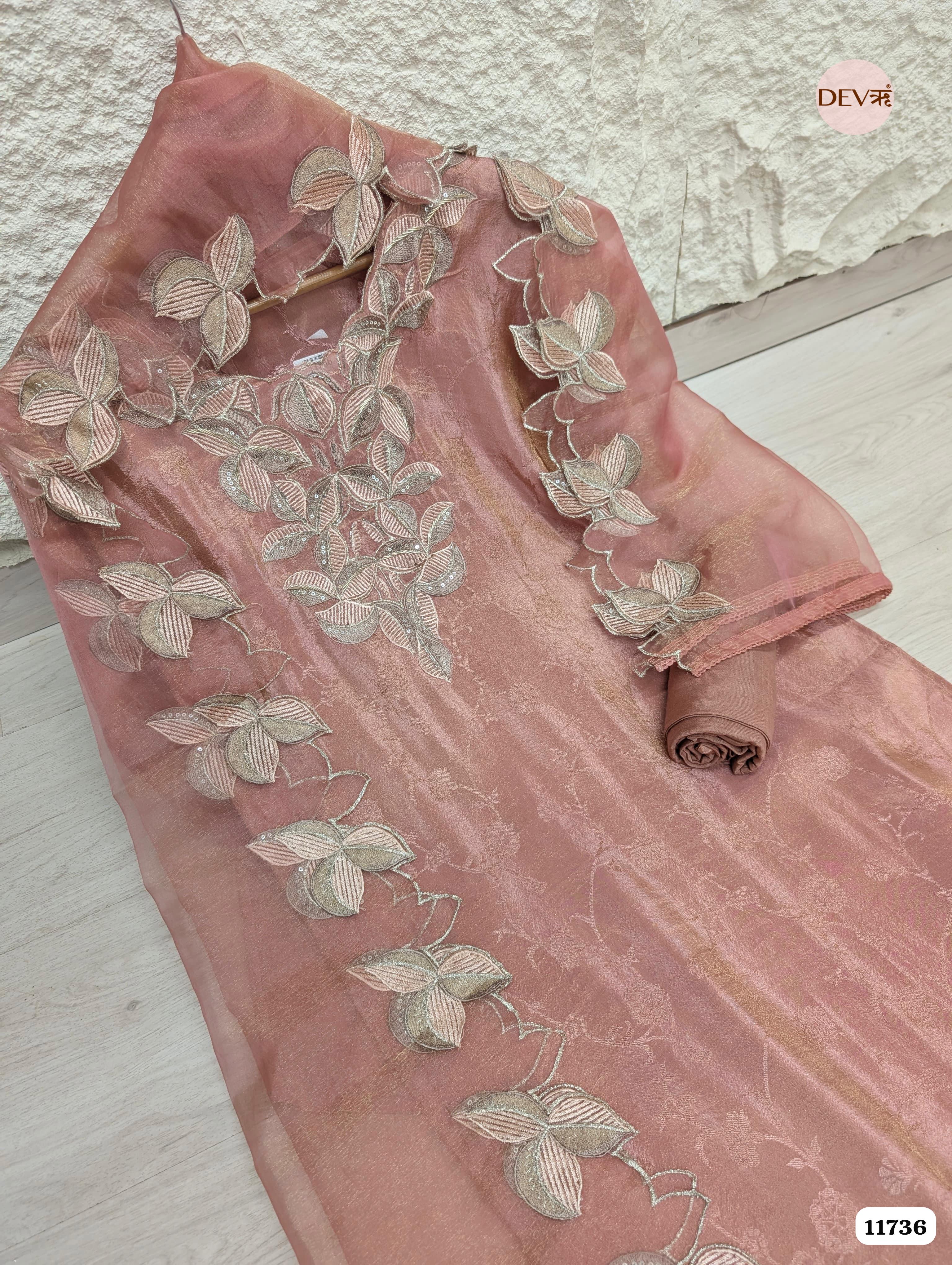 Pink Tissue Silk Woven Unstitched Embroidered -Set Of 3 {11736}