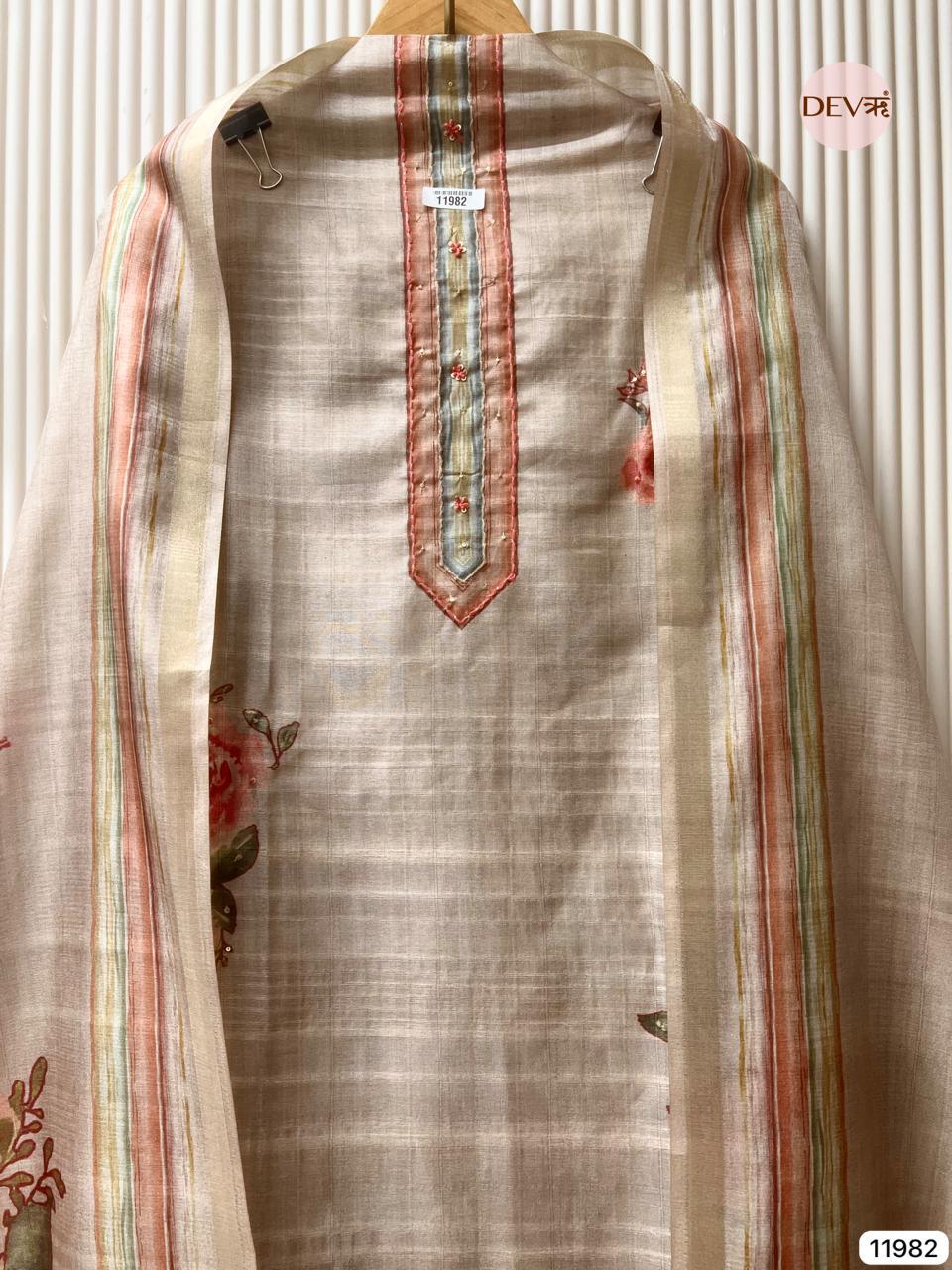 Beige Tusser Silk Printed Unstitched 3-Piece Suit (Devri – D.No 11982)